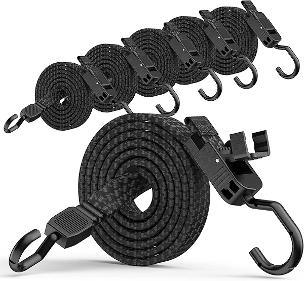 Rugtol Bungee Cords with Hooks, 48 Inch Adjustable Flat Bungee Straps with Quick Release Buckle, Rubber Black Heavy Duty Elastic Cords with Metal Hooks for Bike Rack, Outdoor, Camping, Tarp, 6 Pack
