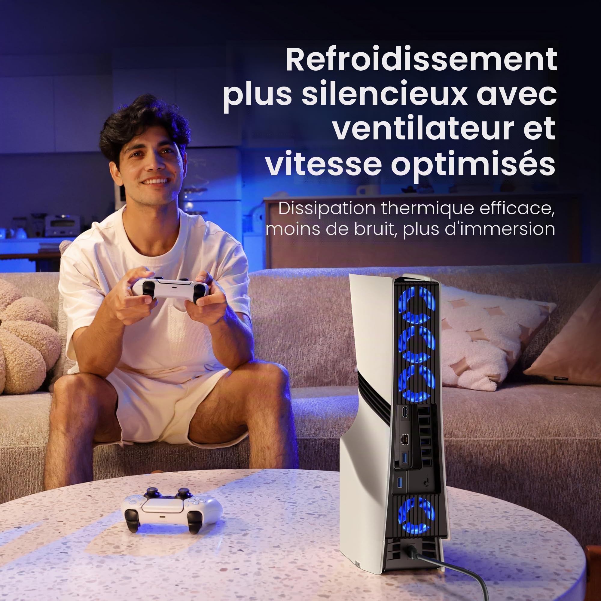 KIWIHOME Ventilateur pour PS5 Pro, 4 Ventilateurs à 36 Pales, Vitesse Auto | Convient à la PS5 Pro 2024 avec trois lignes horizontales sur le panneau latéral. Non compatible avec PS5 2020 ou Slim 2023