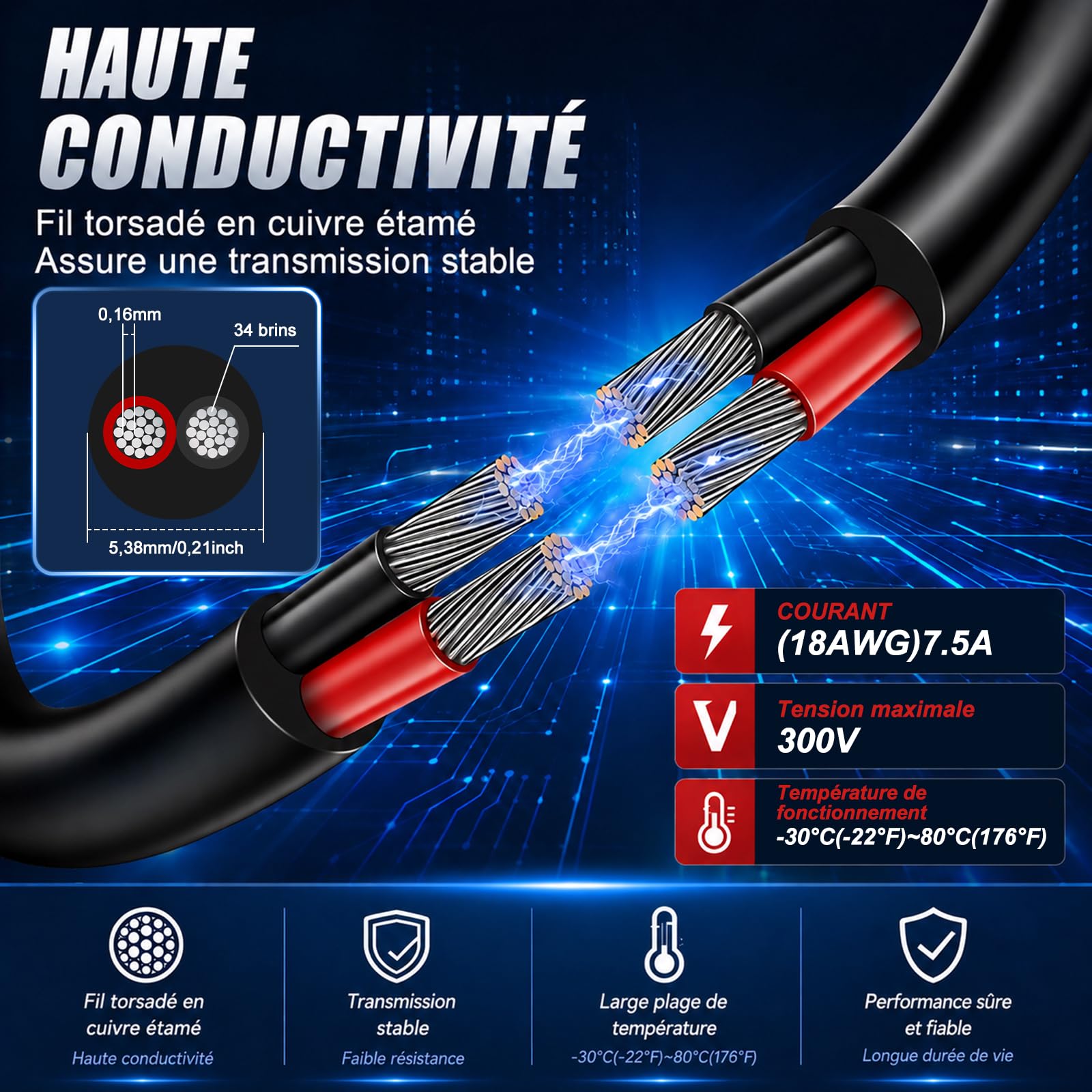 Fil Électrique 18 AWG 20 m, 2 x 0,75 mm², Cuivre Étamé À 2 Conducteurs, Flexible Basse Tension pour LED, Automobile, Haut-Parleurs, CCTV, 5V/12V/24V et Projets DIY