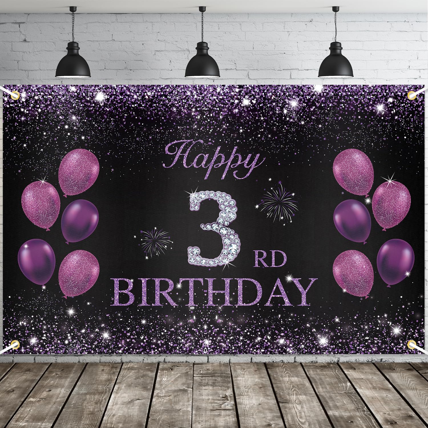 JOYKY Happy 3rd Birthday Banner, Purple Party Decorations for Girls, Three Year Old Birthday Supplies Backdrop Decor, 5.9 X 3.8 Fts