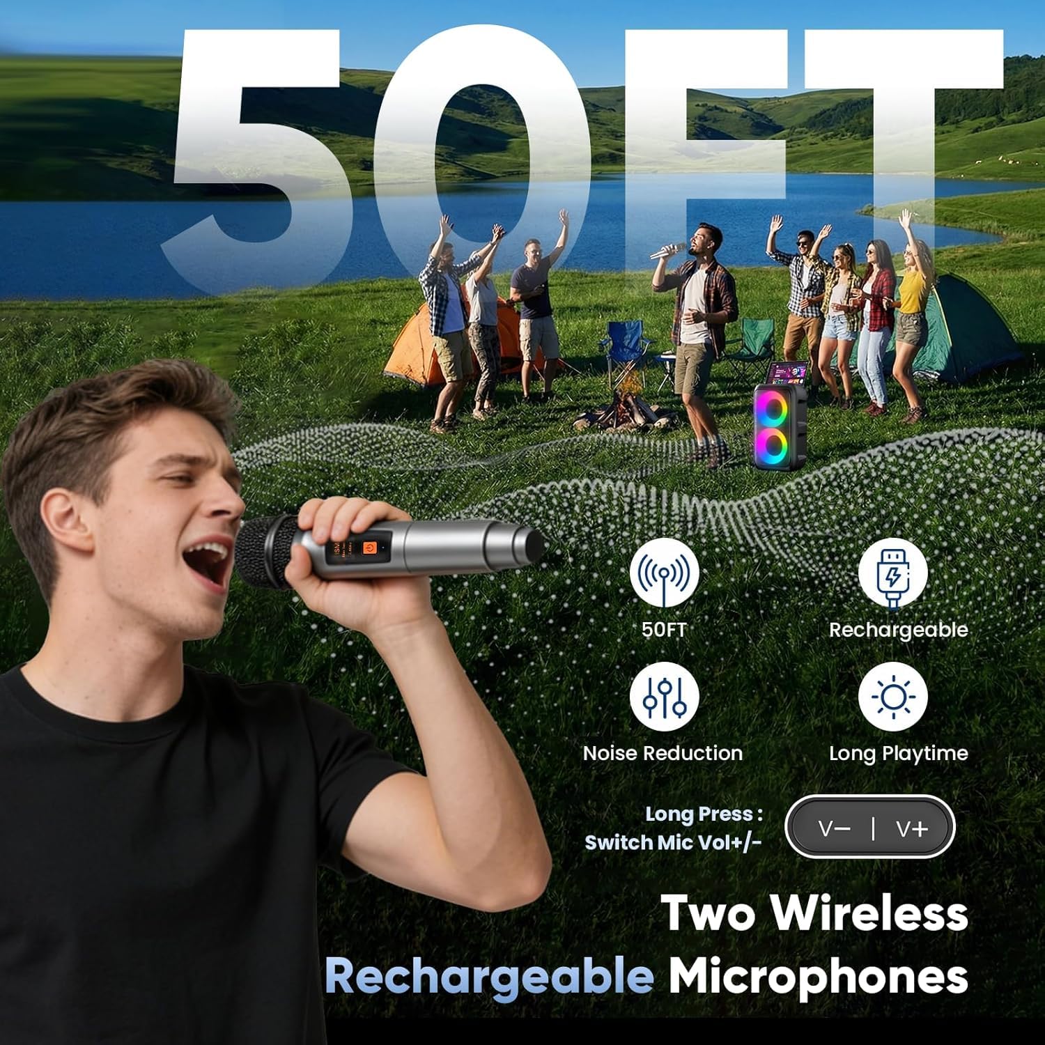 Karaoke con Microfono (2026 Ultimo Modello) | Cassa Bluetooth da 2 x 15W con 2 Microfoni Ricaricabili | 10 Ore di Riproduzione | Supporta Smartphone/TV/TWS/AUX/USB/FM | Per Festa/Casa/Compleanno