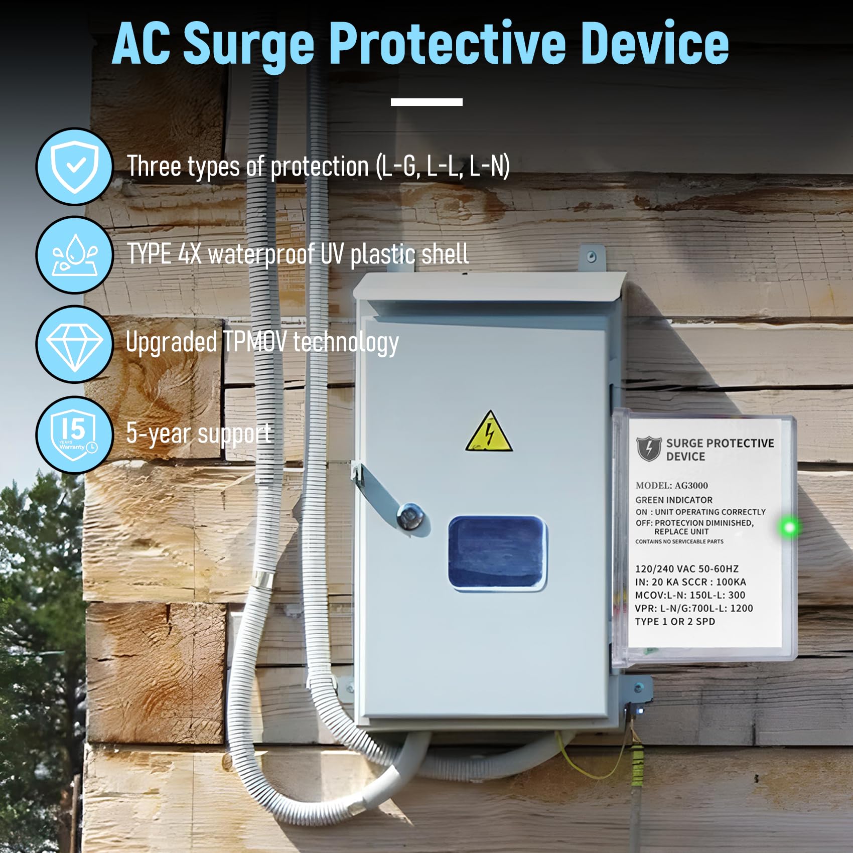 HVAC Surge Protector 120/240V Mini Split Surge Protector with TPMOV Technology Device for AG3000, Watertight Enclosure Lightning Protection, Comprehensive Surge Protection