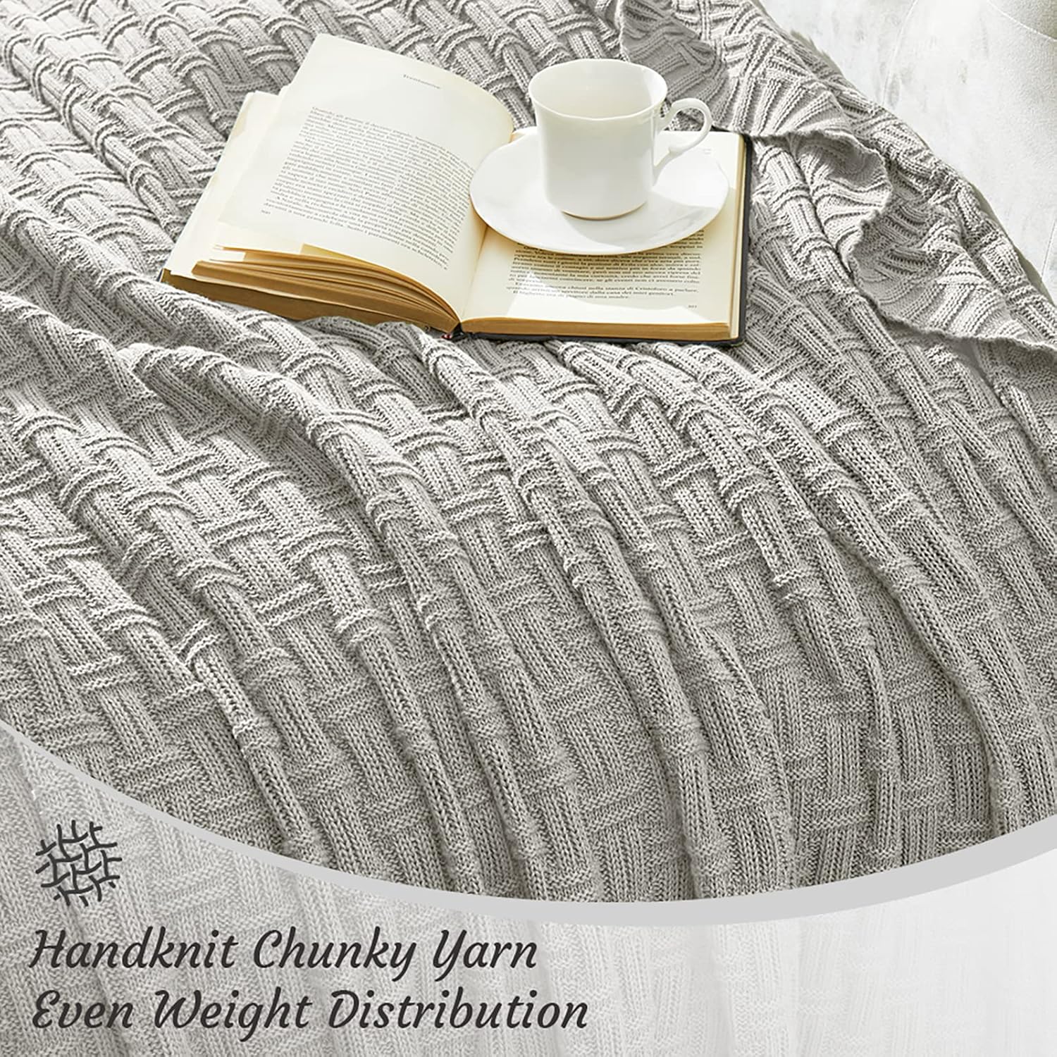 TREELY 100% Cotton Knitted Throw Blanket Couch Cover Blanket(50 x 60 Inches, Light Grey) - Image 5