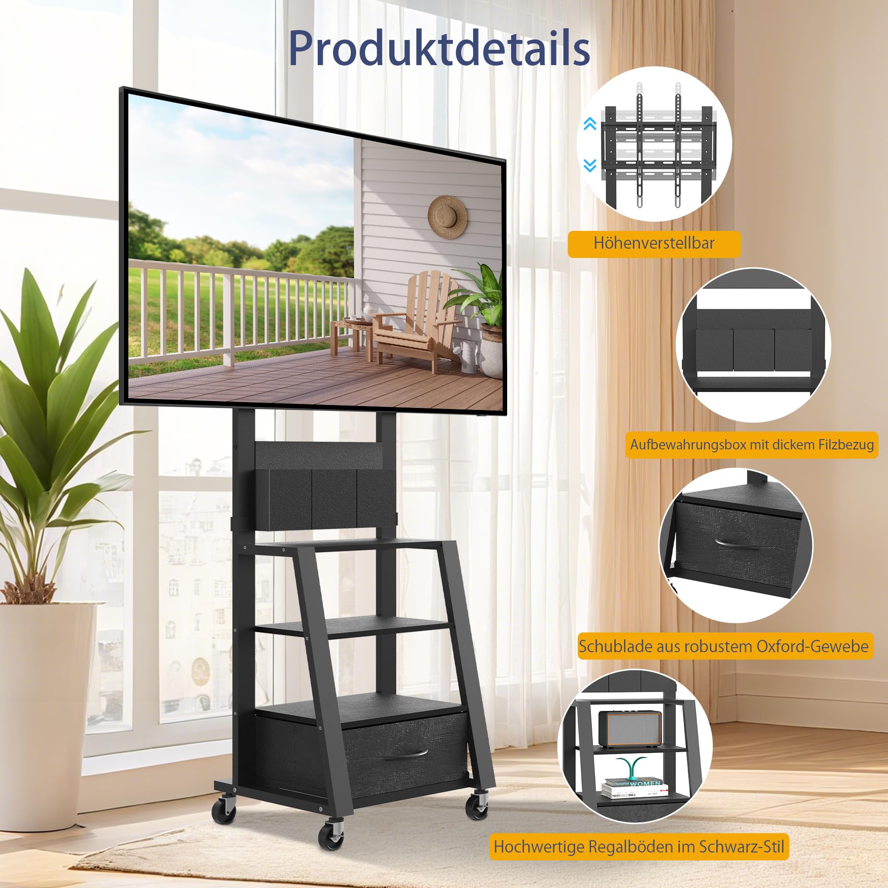 Rollbarer TV-Ständer mit Schublade & 3 Ablageflächen für 23"-60" Flach/Curved TV bis 723kg (LCD/LED/OLED), Chariot de TV Mobile, für Zuhause, Büro und Außenbereich, max VESA 400x400 mm, Schwarz