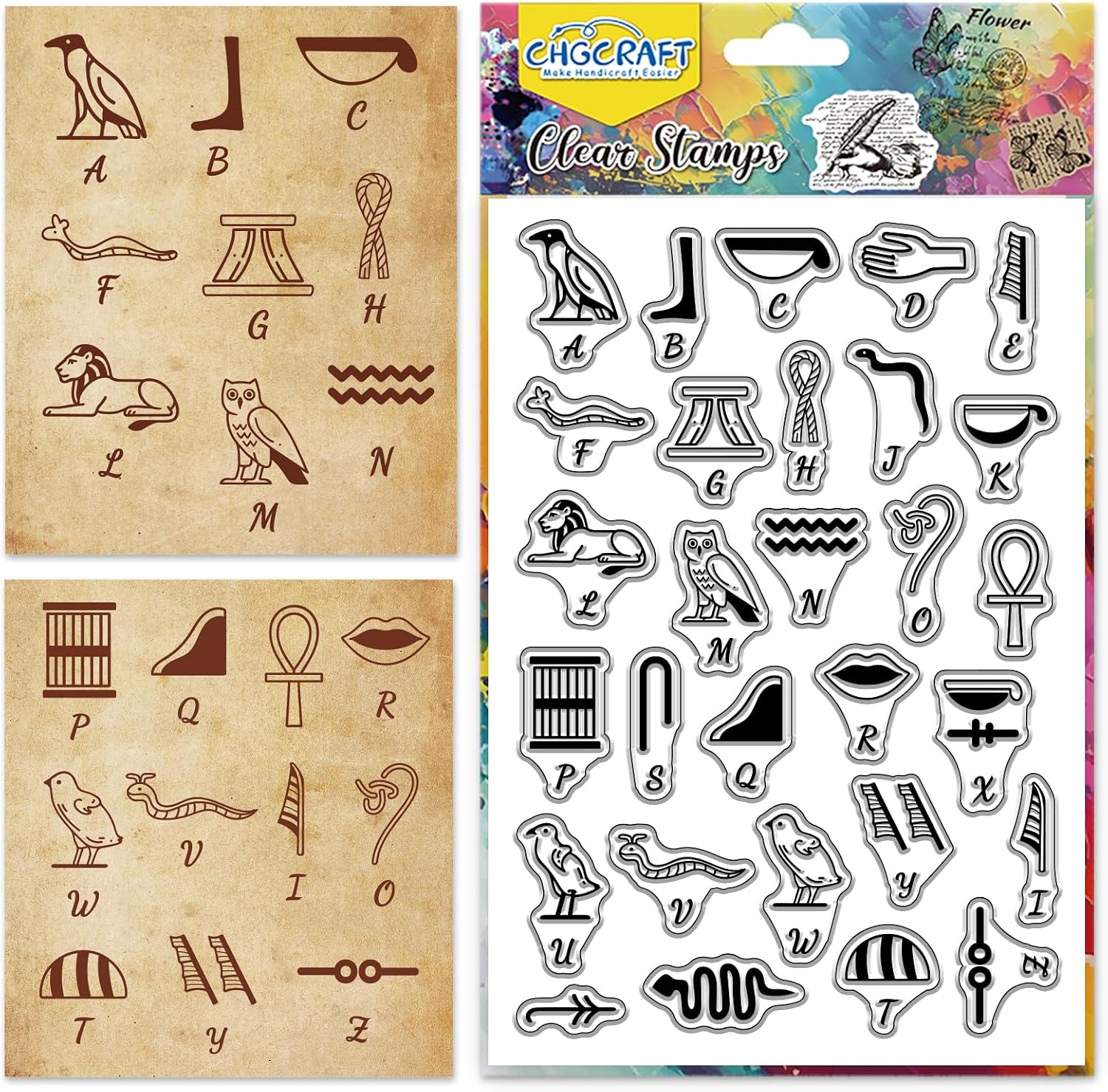 CHGCRAFT Egyptian Alphabet Symbols Clear Stamps 26 Letter Transparent Stamps Silicone Clear Stamp Seals for Carding Making DIY Scrapbooking Photo Album Decoration, 4.3x6.3 inch