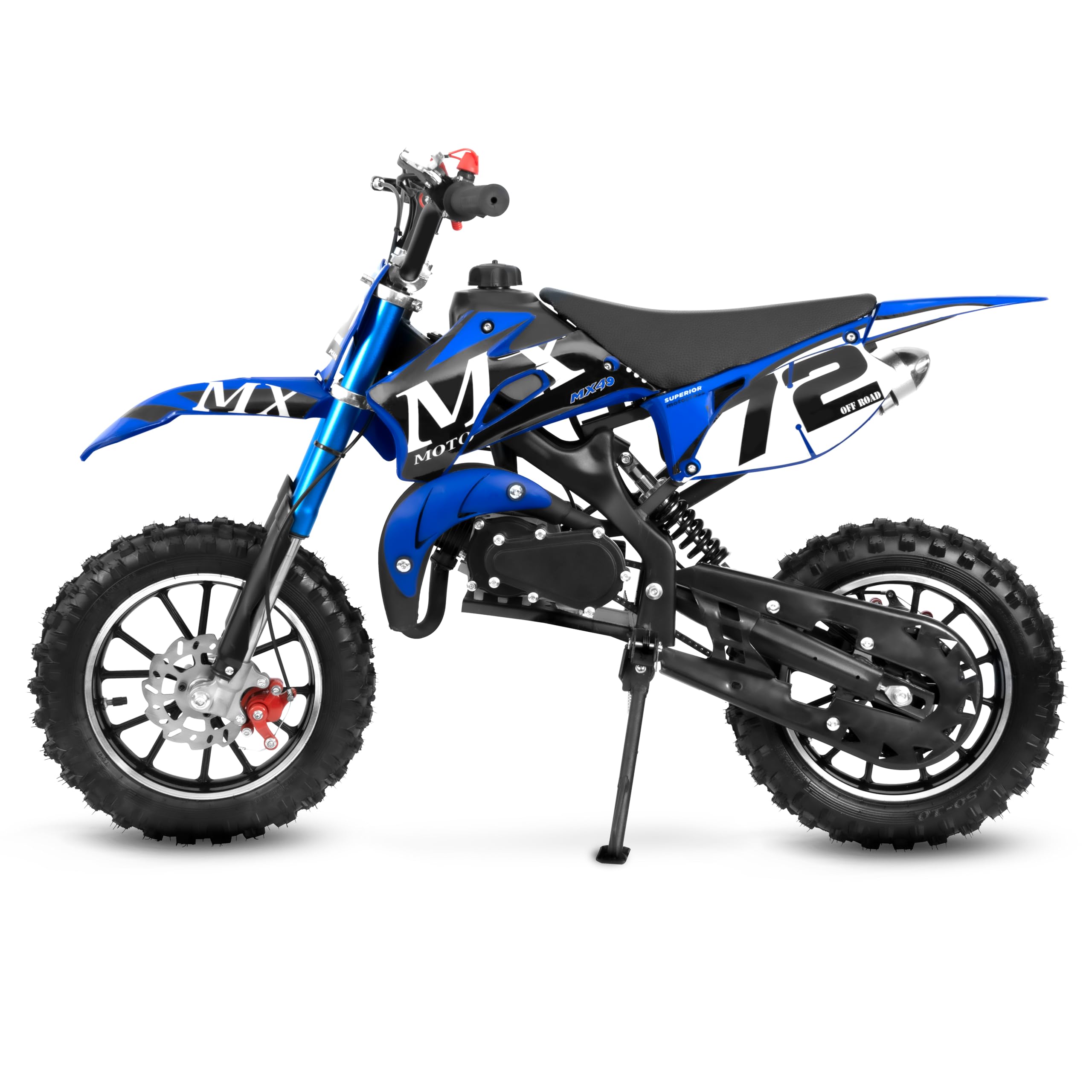Gas Powered 49cc Dirt Bike, 24 MPH Max, Dual Suspension, Front/Rear Disc Brakes, Simple Pull Start, Trail Motorcycle Blue