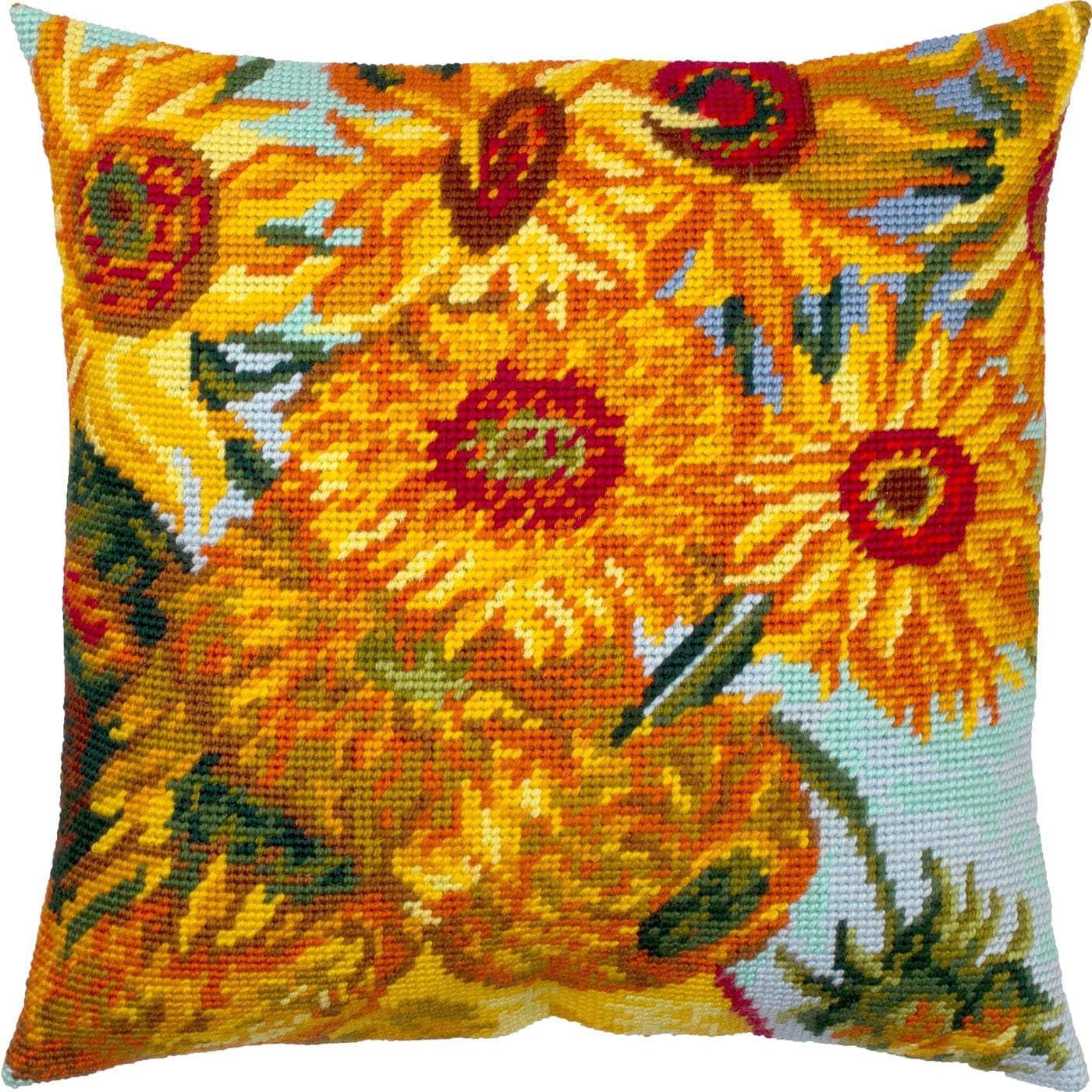 Brvsk Floral Embroidery Kit for Adults and Beginners — Sunflowers by Vincent Van Gogh 16″ × 16″ with Clear, Precise Printed Design on Cotton Canvas; Includes 2 Needles, Yarn, and Easy-Read Chart