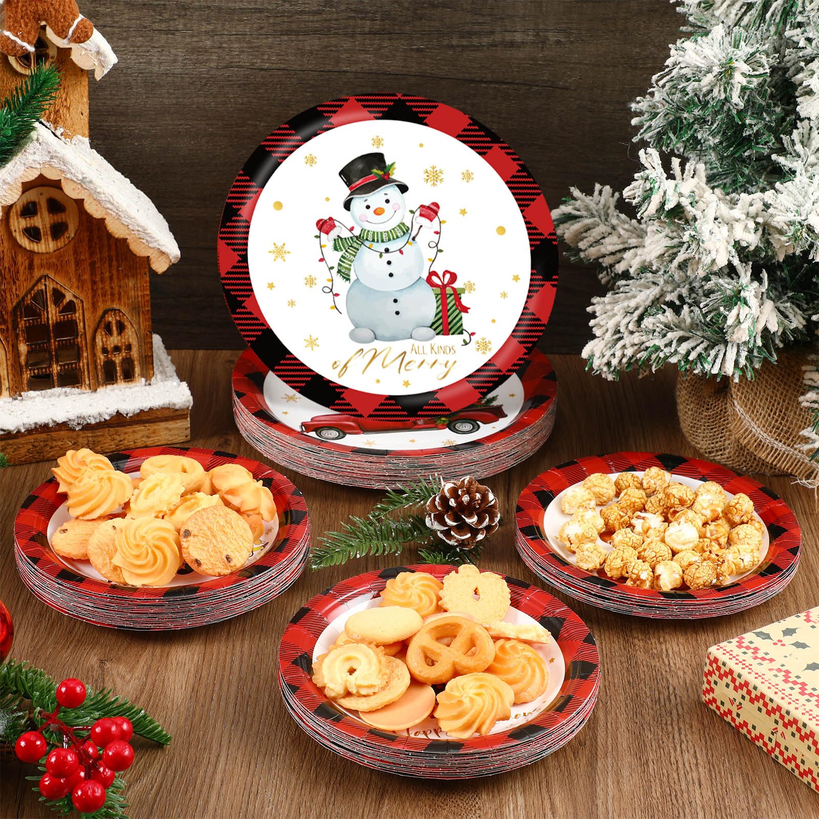 Layhit Platos de papel para fiesta de Navidad, decoración de fiesta de Navidad, platos de papel redondos desechables para fiesta de cumpleaños de Navidad, 7 pulgadas y 9 pulgadas (120 piezas)