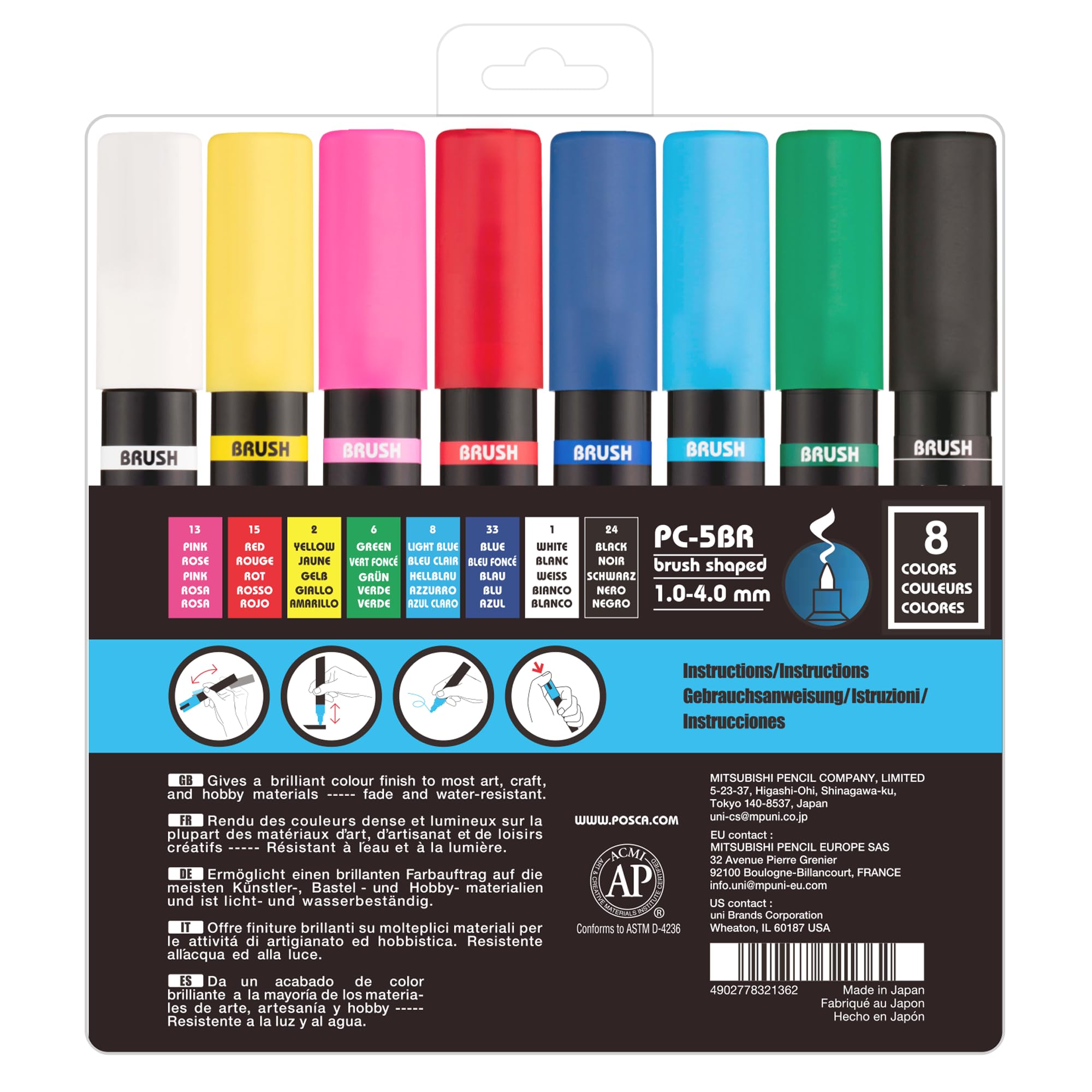 POSCA PC-5BR Water-Based Paint Markers, Reversible Brush Tip (1.0