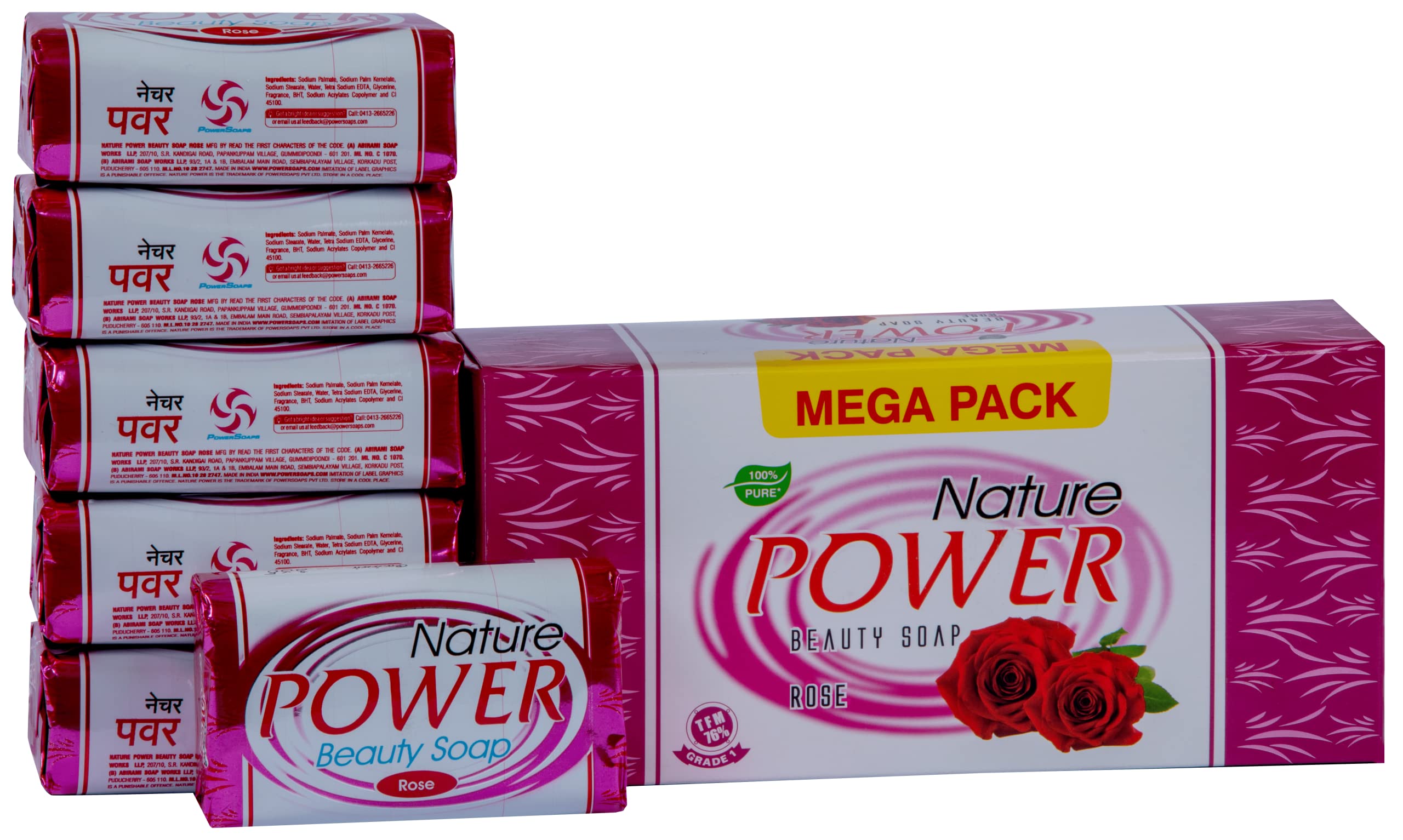 Power Soaps Nature Power Beauty Soap (Pack Of 6) -125G |Soft, Radiant & Glowing Skin| Tfm 76% Grade 1 Soap| 100% Vegan | Suitable For All Skin Types (Rose)