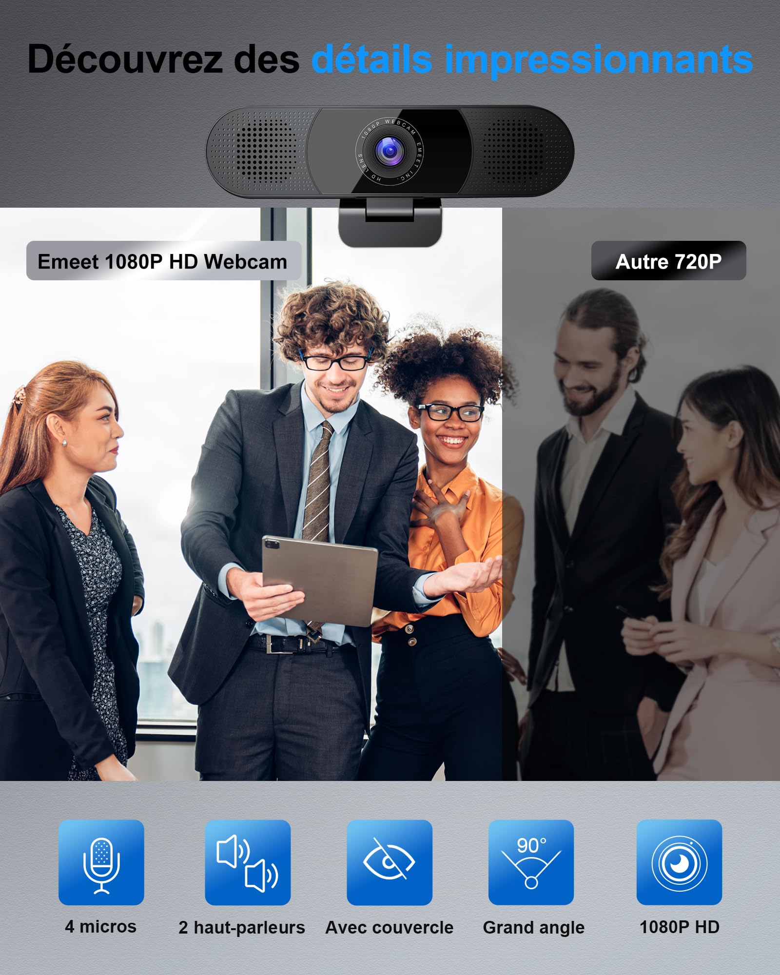 EMEET Webcam C980PRO avec microphone et haut-parleur avec cache objectif, champ de vision à 90°, mise au point automatique, Plug & Play, webcam idéale pour PC, équipes, conférence