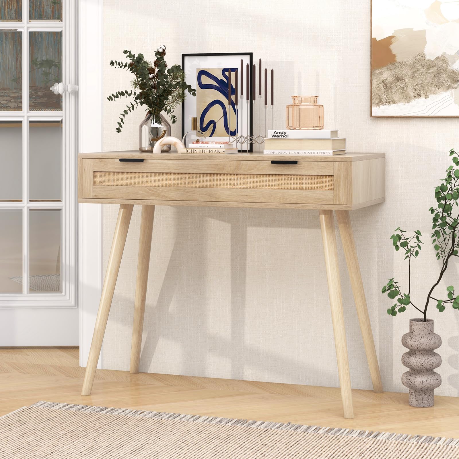 LIFEZEAL Tavolo Console in legno, tavolo da ingresso con 3 livelli di stoccaggio aperto, tavolino stretto con cassetto per ingresso, corridoio, soggiorno (nero