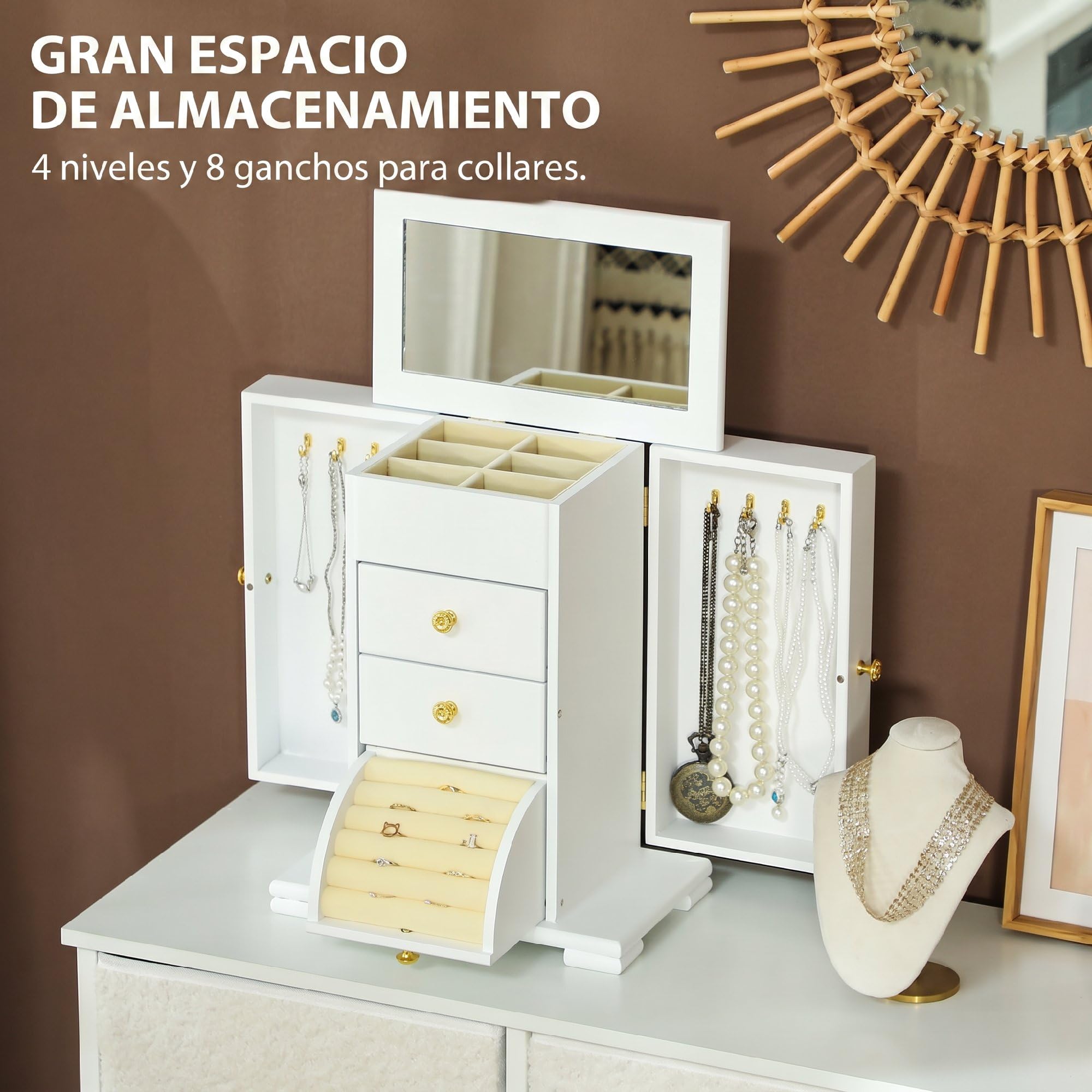 HOMCOM Caja Joyero de Madera de 4 Niveles con 2 Cajones Espejo Blanco | Joyero Mujer Organizador Grande, Puertas Laterales Giratorias con Ganchos, para Pendientes, Anillos, Collares