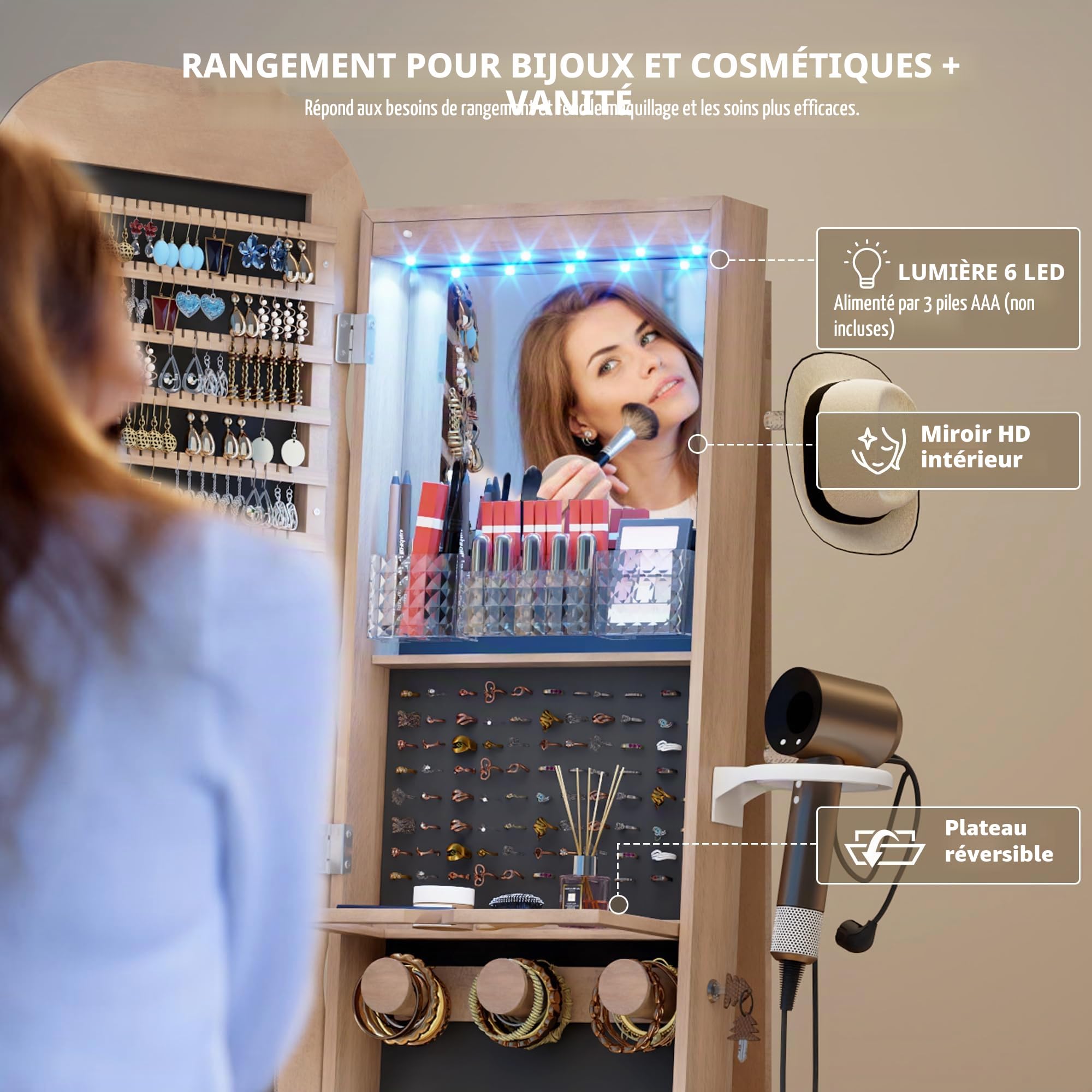 LVSOMT Armoire à bijoux LED avec Miroir Ondulé, Rotative à 360° Armoire à bijoux Verrouillable, Armoire Miroir Debout pour Salon et Chambre à coucher, étagère à 3 niveaux et 3 crochets, Bois Naturel
