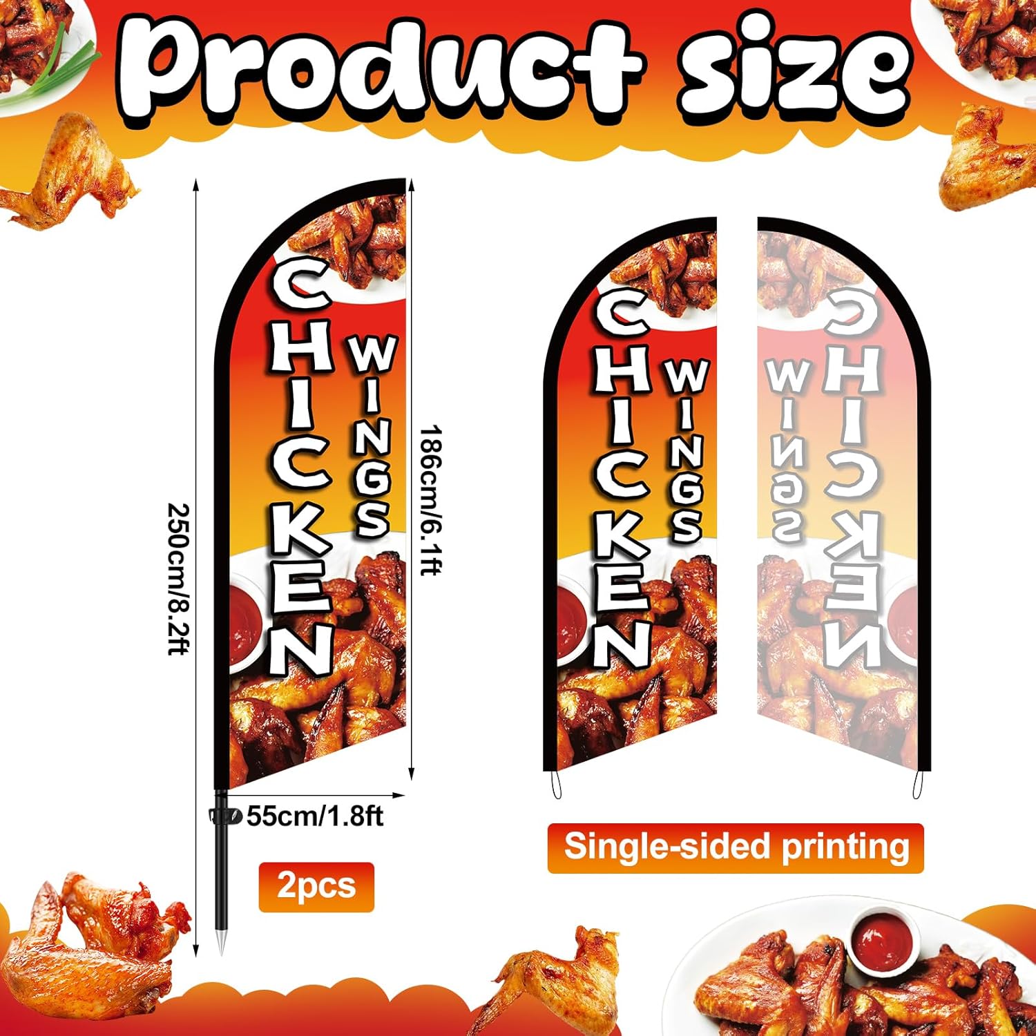 2 Sets Chicken Wings Feather Flags 8.2 FT Tall Windless Swooper Flag Kit Chicken Wings Advertising Banner Sign Flagpoles Ground Stakes for Snack Bar Restaurant Outside Businesses Advertising