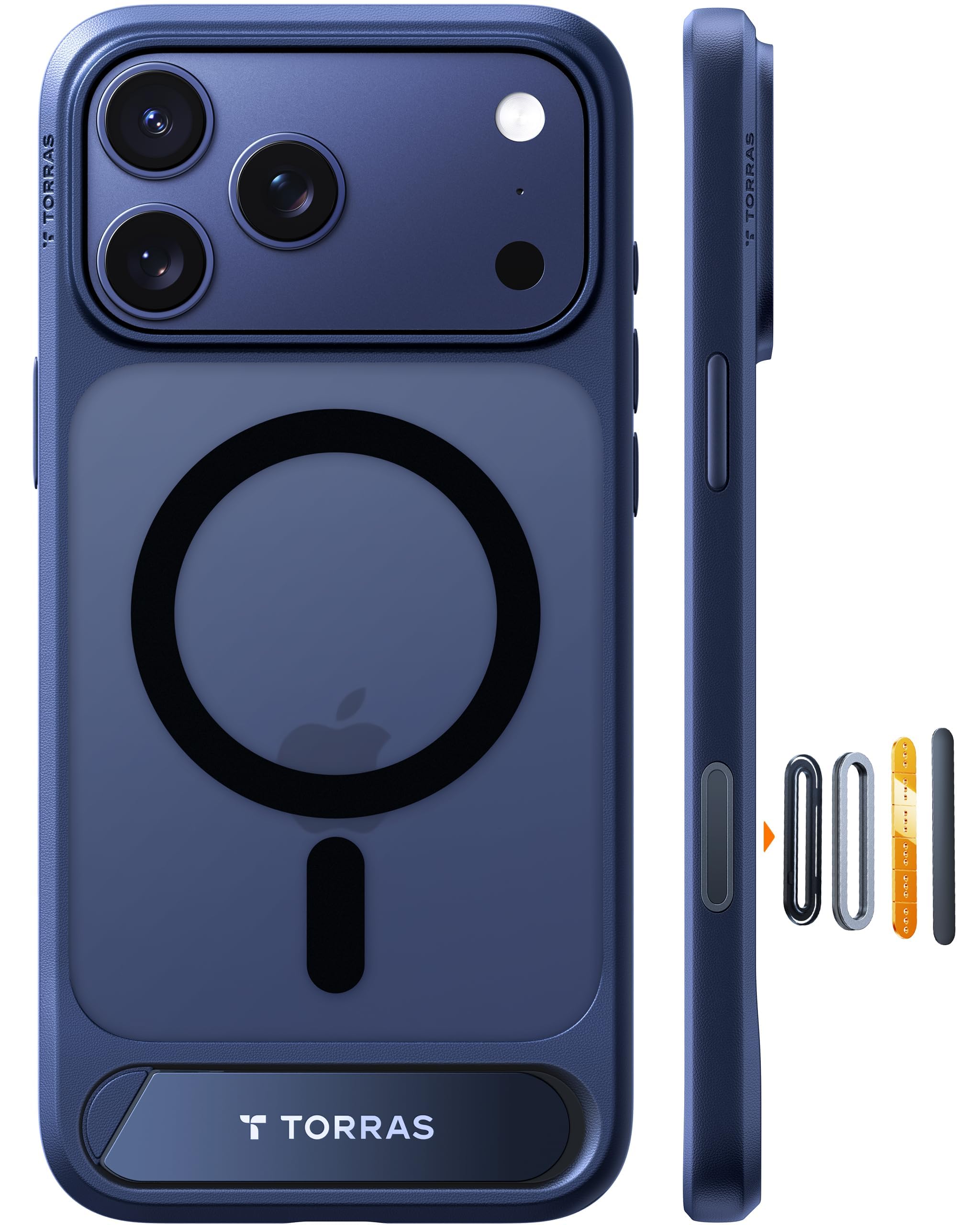 TORRAS Ostand L1 für iPhone 17 Pro Hülle für MagSafe mit kapazitiven Tasten für mit unsichtbarem Ständer Militärschutz Magnetkraft Zertifiziert Handyhülle für iPhone 17 Pro Case Stoßfest Matt blau