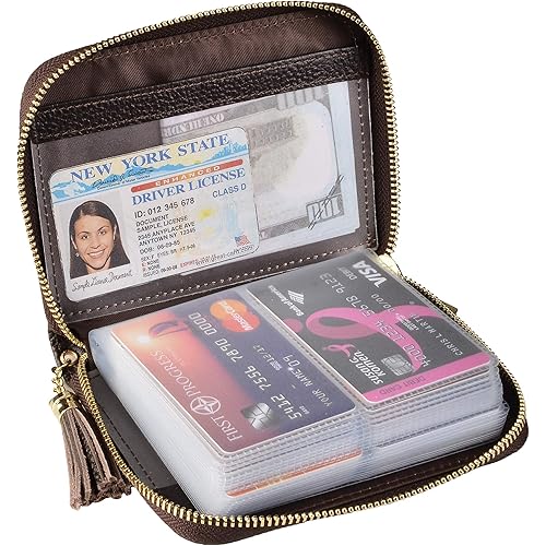 Easyoulife Womens Credit Card Holder Wallet Zip Leather Card Case RFID Blocking (Coffee)