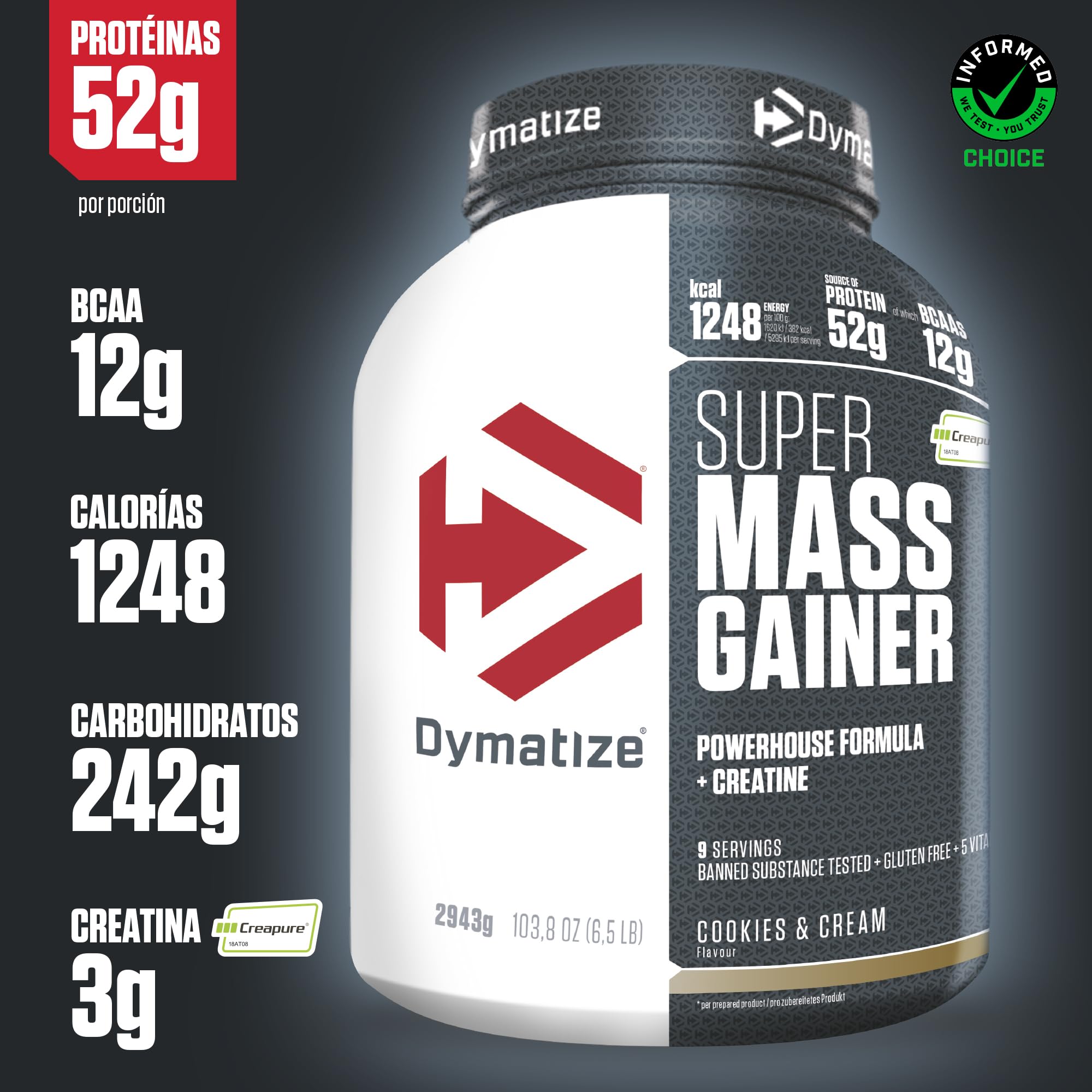 Dymatize Super Mass Gainer Cookies & Cream 2943g - Weight-Gainer Polvere + Carboidrati, Creapure Creatina, BCAA, Caseina