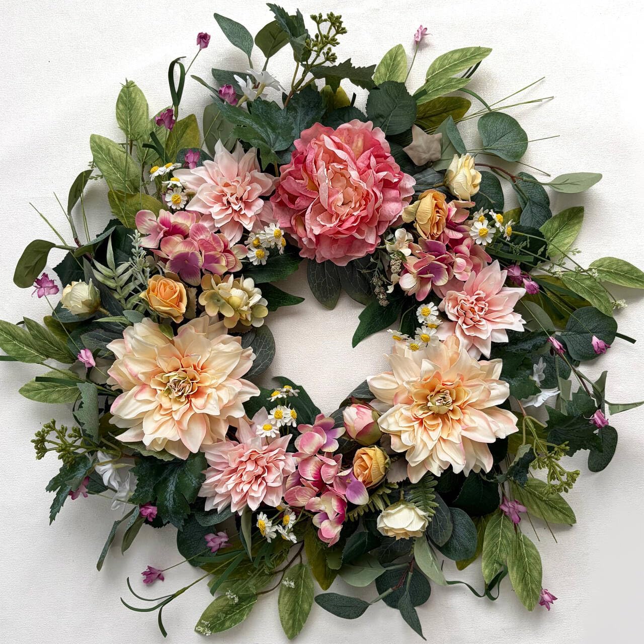 Spring Wreaths for Front Door 18 Inch, Artificial Dahlia Floral Spring Summer Wreath with Dahlia Peony and Daisy, Large Spring Door Wreath for All Seasons Outside Indoor Home Porch Wall Décor