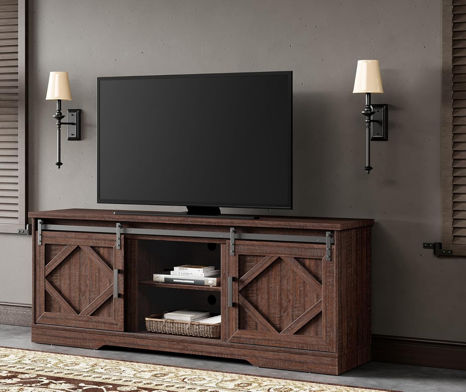 Product image of WAMPAT Modern Farmhouse TV Stand for TVs up to 75 inch with Sliding Barn Door,Wood Entertainment Center with Adjustable Media Storage Shelf for Living Room, Rustic Brown