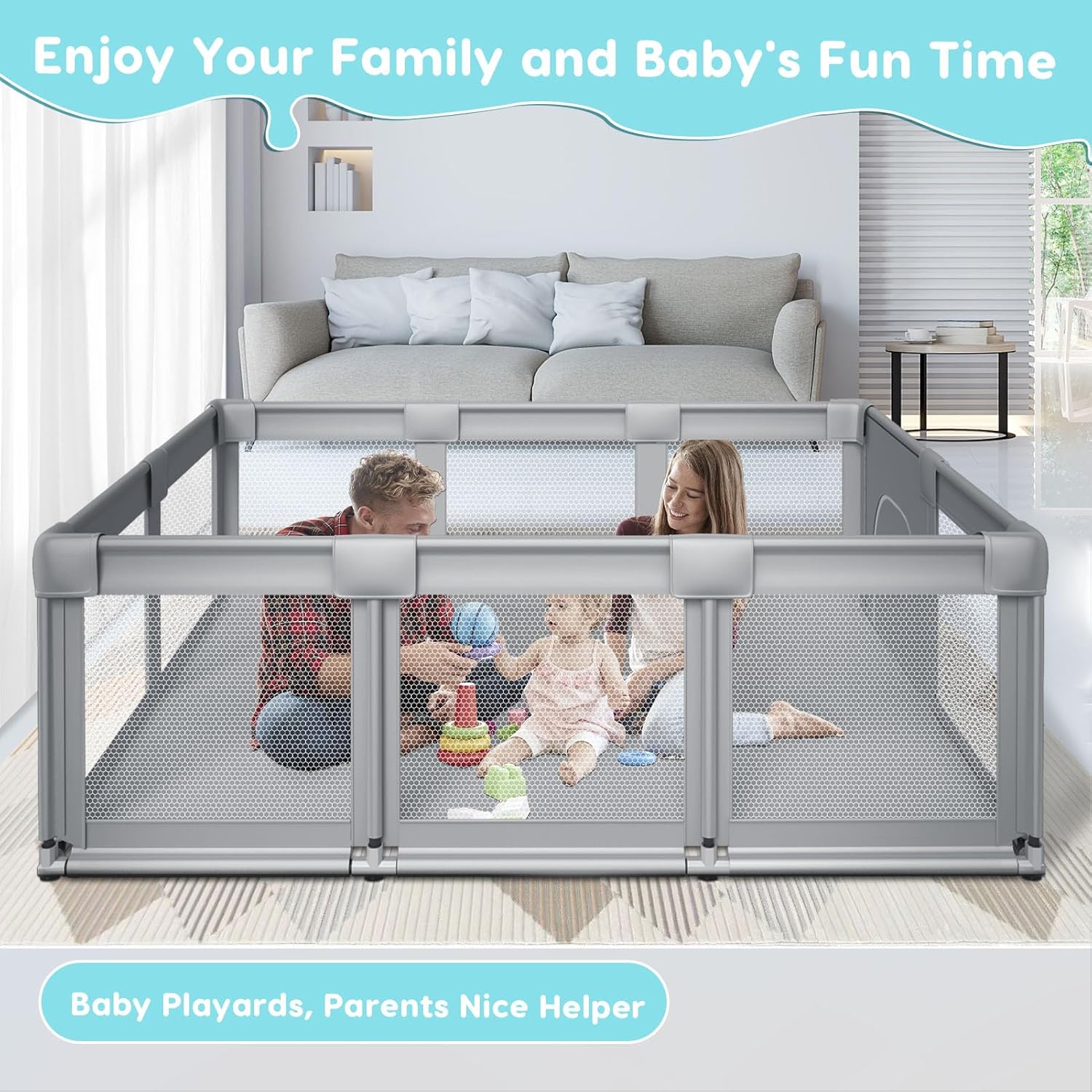 74 ×50 Large Baby Playpen, Baby Playard for Babies and Toddlers, Baby Fence Play Pens for Indoor  Outdoor, Sturdy Safety Play Yard with Soft Breathable Mesh, Anti-Fall, Grey