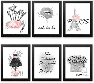 6-Piece Framed Canvas Wall Art Set for Women - Fashion, Paris & Inspirational Quotes Prints with Flowers, Lipstick, Dresses - Ready to Hang Home Decor (8"x10" FRAMED)