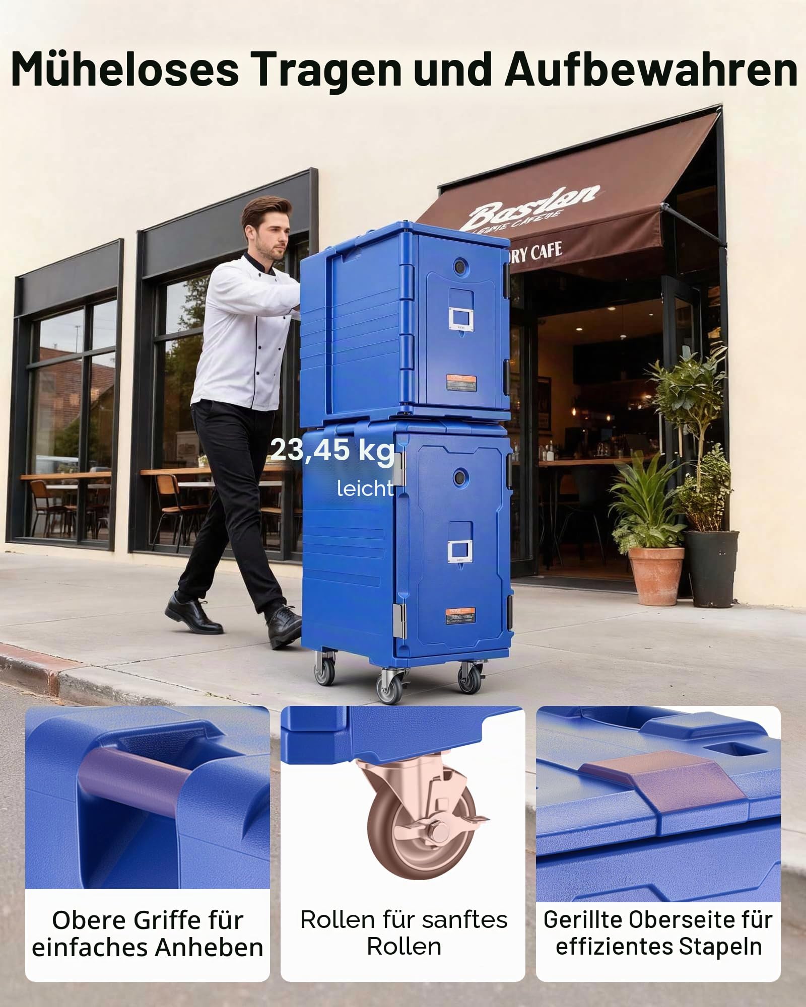 VEVOR Isolierter Speisenbehälterträger Warmhaltebox für Gastronomie 120 L, Speisenbehälter mit Doppelschnallen & Griffen, Speisenbehälterträger Lebensmitteltransportbox für Restaurant Kantine blau