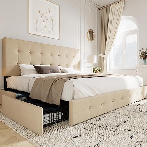 Upholstered King Size Platform Bed Frame with 4 Storage Drawers
