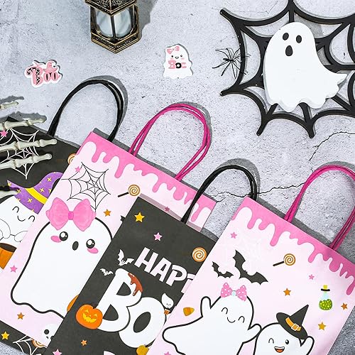 Miniatura 4 de AnyDesign 24 bolsas de regalo de papel de Halloween con asas, 4 diseños de Halloween Boo, bolsas temáticas de fantasma, calabaza, negro, rosa,
