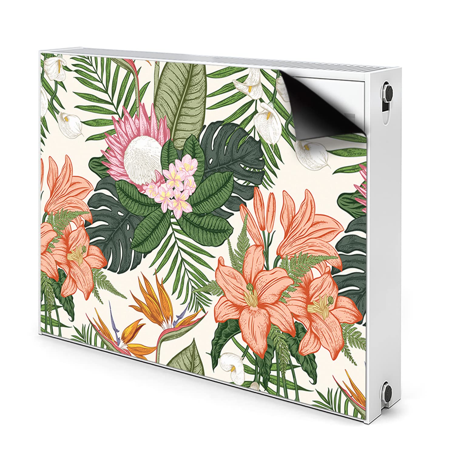 Cache radiateur magnétique 100x60 cm vert avec un joli motif de fleurs murales