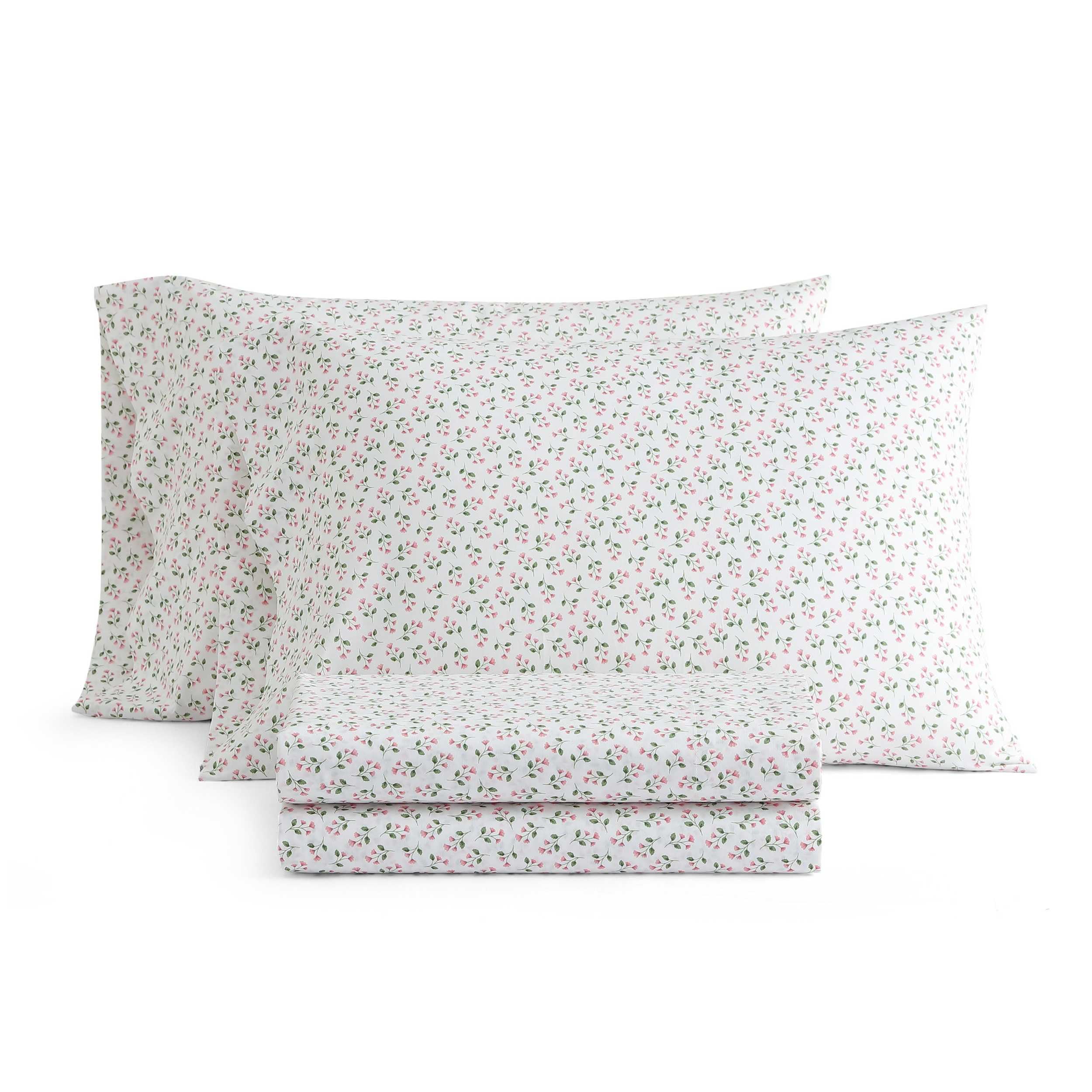 Martha Stewart - Queen Size Sheet Set, Crisp &amp; Tailored Bedding with a Smooth Cotton Percale Feel, Deep Pocket, Bed Sheets with Matching Pillowcases &amp; Fitted Sheet (Kennedy Floral Pink)