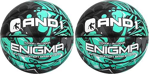 AND1 Enigma - Balón de baloncesto intermedio de goma para interiores y exteriores, color verde azulado y negro, 28.5 pulgadas (paquete de 2)
