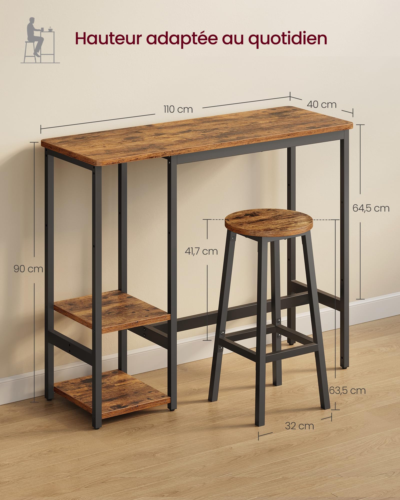 VASAGLE Ensemble Table de Bar avec 2 Tabourets, Ensemble de Salle à Manger, avec Étagères, pour Salon, Cuisine, Structure en Acier, Montage Facile, Marron Rustique et Noir d'encre LBT220KD01