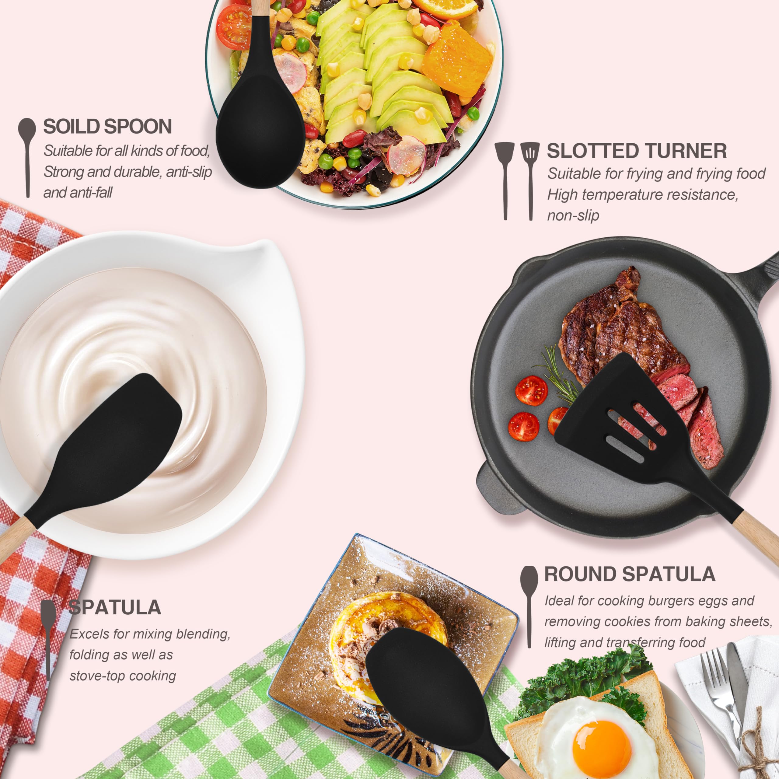 Kitchen Utensils Set 12 Pieces Nonstick Silicone Cooking Utensils Wood Handle Silicone Cooking Utensils Set with Holder Dishwasher Safe BPA Free (Black) 4
