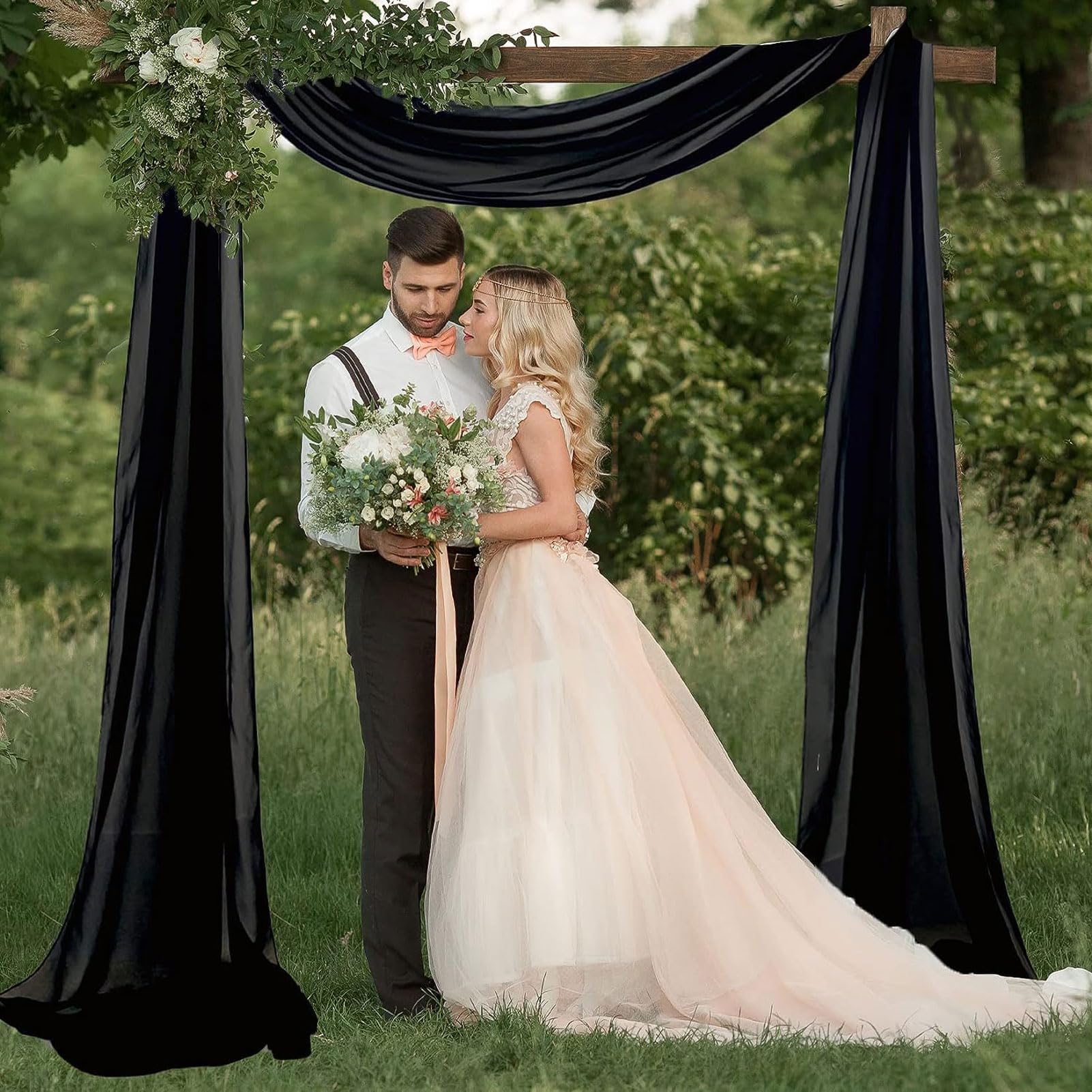 HUHJYUGE Querbehang Schwarz Hochzeitsbogen Deko Gardinen Hochzeit Vorhang Tüllstoff Freihanddeko Gardinen Chiffon vorhänge Freihandbogen Hochzeitsvorhang (1 600cm)