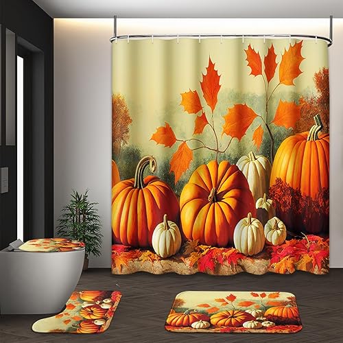 Juego de cortinas de ducha de otoño con tapa de inodoro y alfombras antideslizantes, Acción de Gracias con calabaza y hojas de otoño, 4 cortinas de