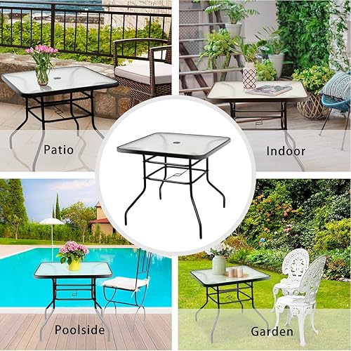 Miniatura 7 de Tangkula Mesa de comedor para exteriores con agujero para sombrilla de 2 pulgadas, mesa cuadrada de vidrio templado de 32 pulgadas, para balcón,