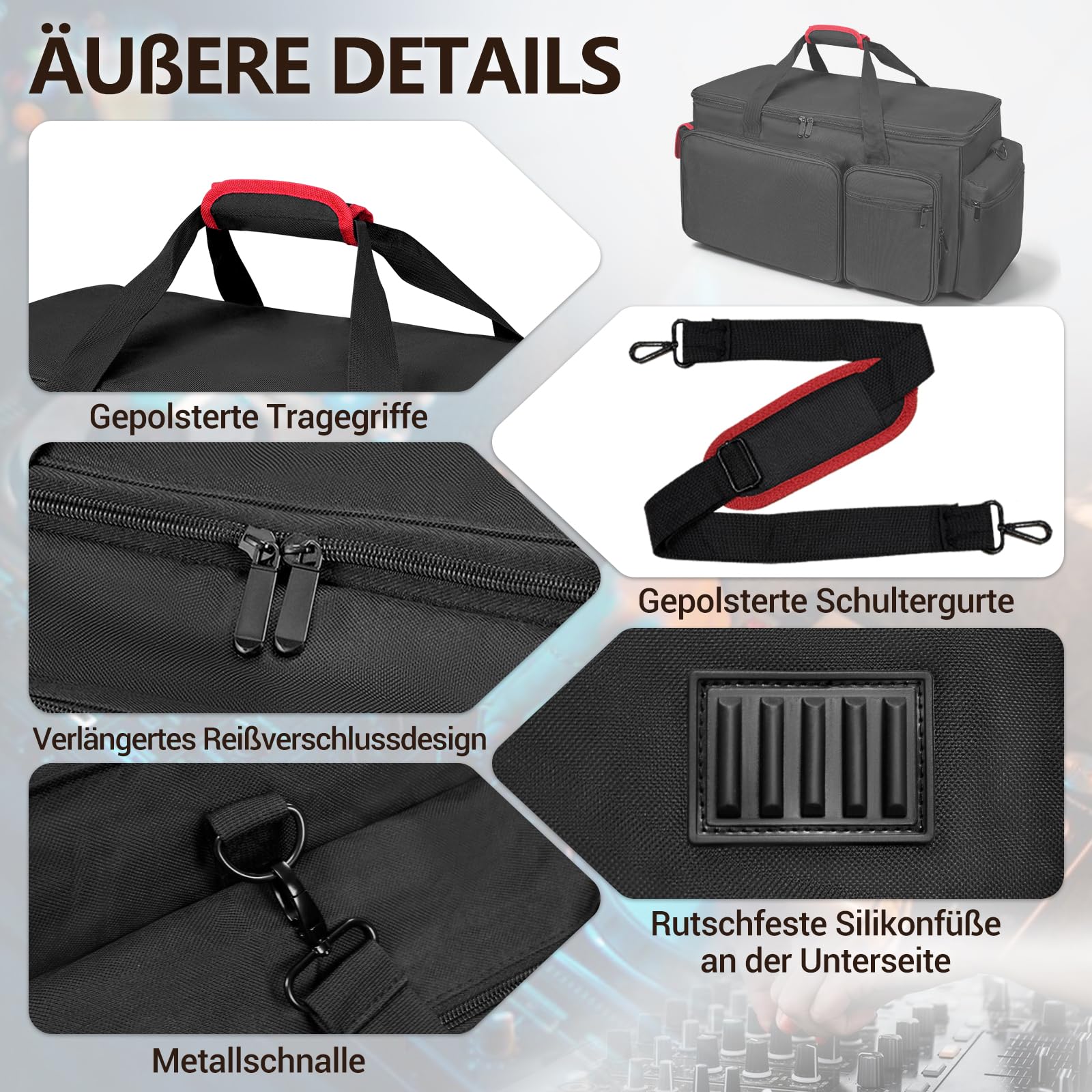 SUNDOY Organizador de equipos de audio, organizador de cables de DJ con 6 divisores ajustables, bolsa impermeable para micrófonos, cables, mesa de mezcla, portátil y accesorios de audio, Negro , L