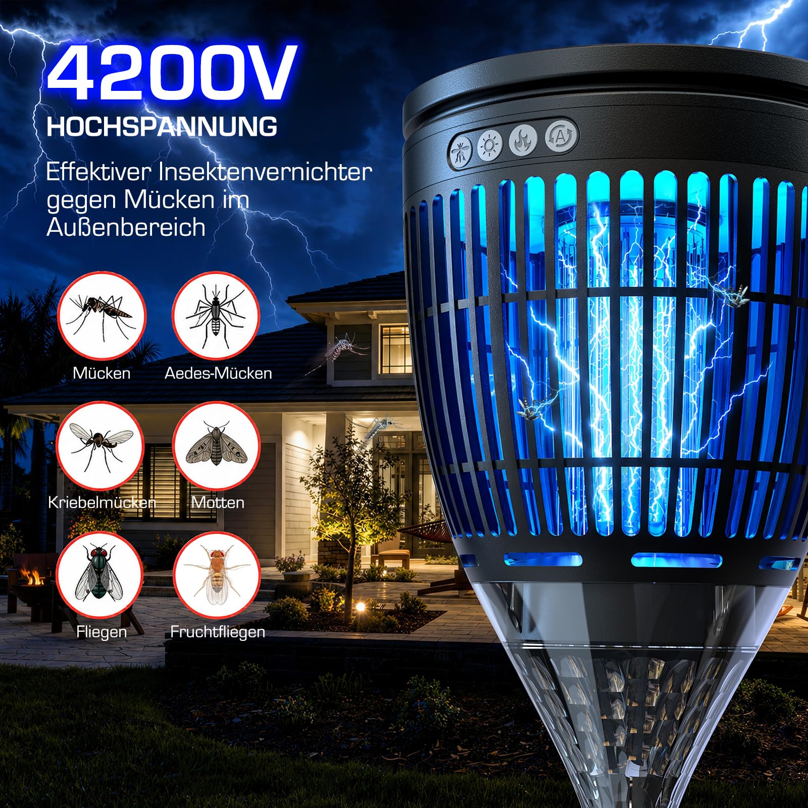 Solar Insektenvernichter Outdoor | Elektrische Mückenfalle 4200V, Mückenlampe IPX5 Wasserdicht, USB-C-Ladung, mit Erdspieß für Garten, Rasen, Hof