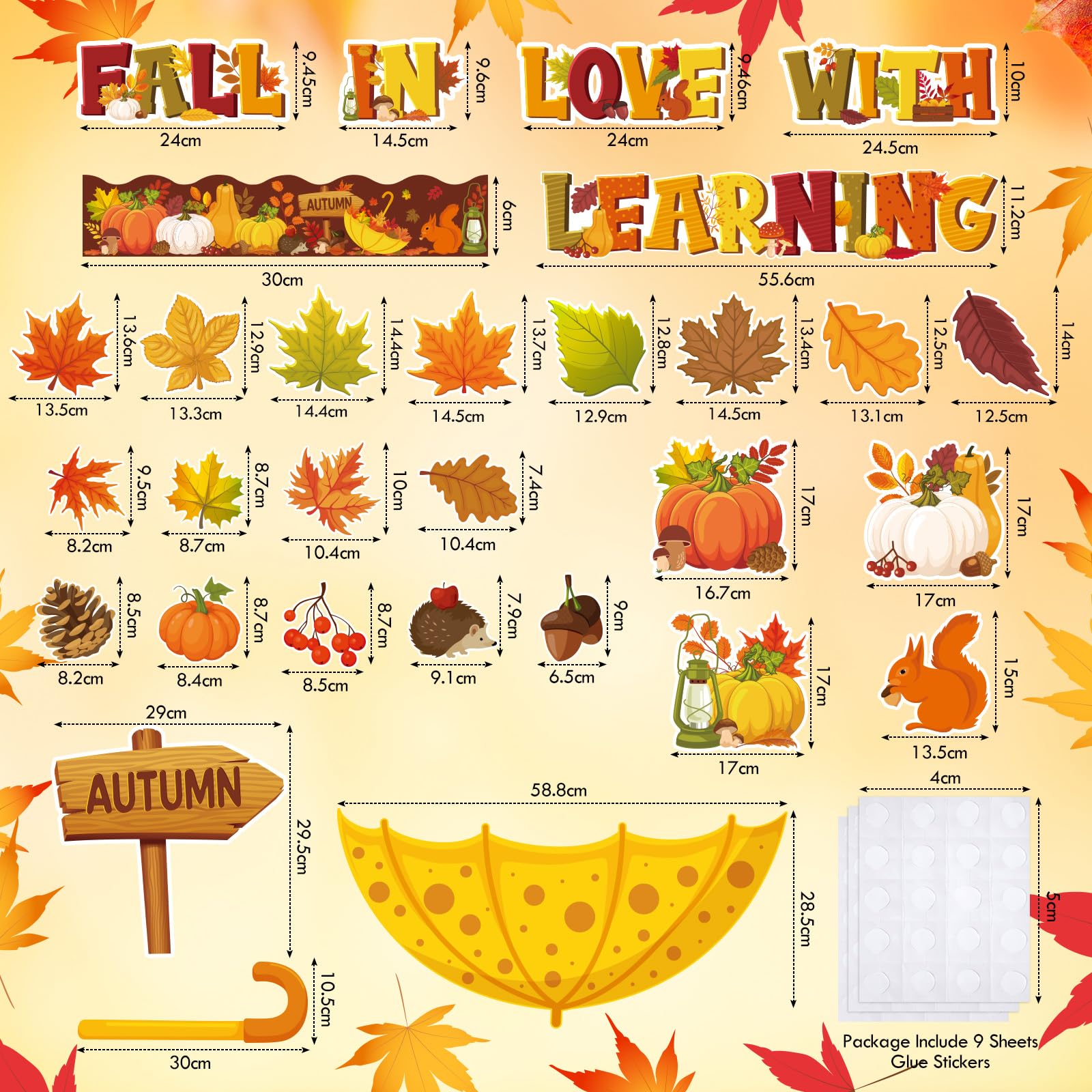 82-teiliges Herbst-Pinnwand-Set ‚Fall In Love With Learning‘ – Mit Ahornblättern, Kürbissen, Bordüren & Klebepunkten