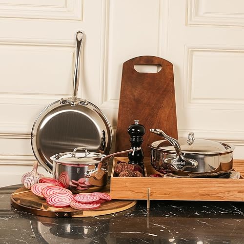 Miniatura 3 de Mauviel M'Cook - Sartén de acero inoxidable pulido de 5 capas con mango y tapa de acero inoxidable fundido, 11 pulgadas, fabricada en Francia