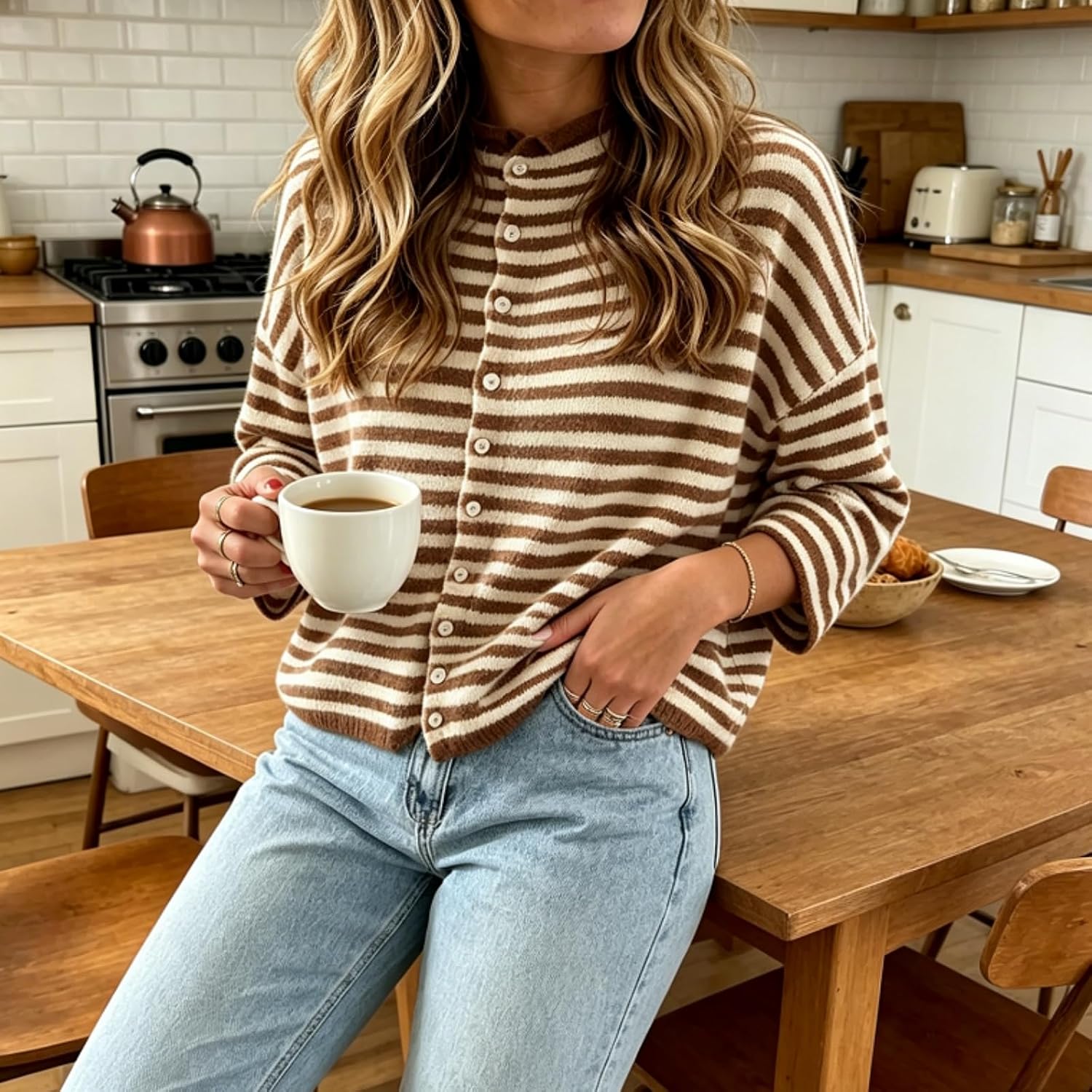 Women's 3/4 Sleeve Cardigans Striped Crewneck Button Down Knitted T-Shirt Spring Summer Casual Sweater Tops
