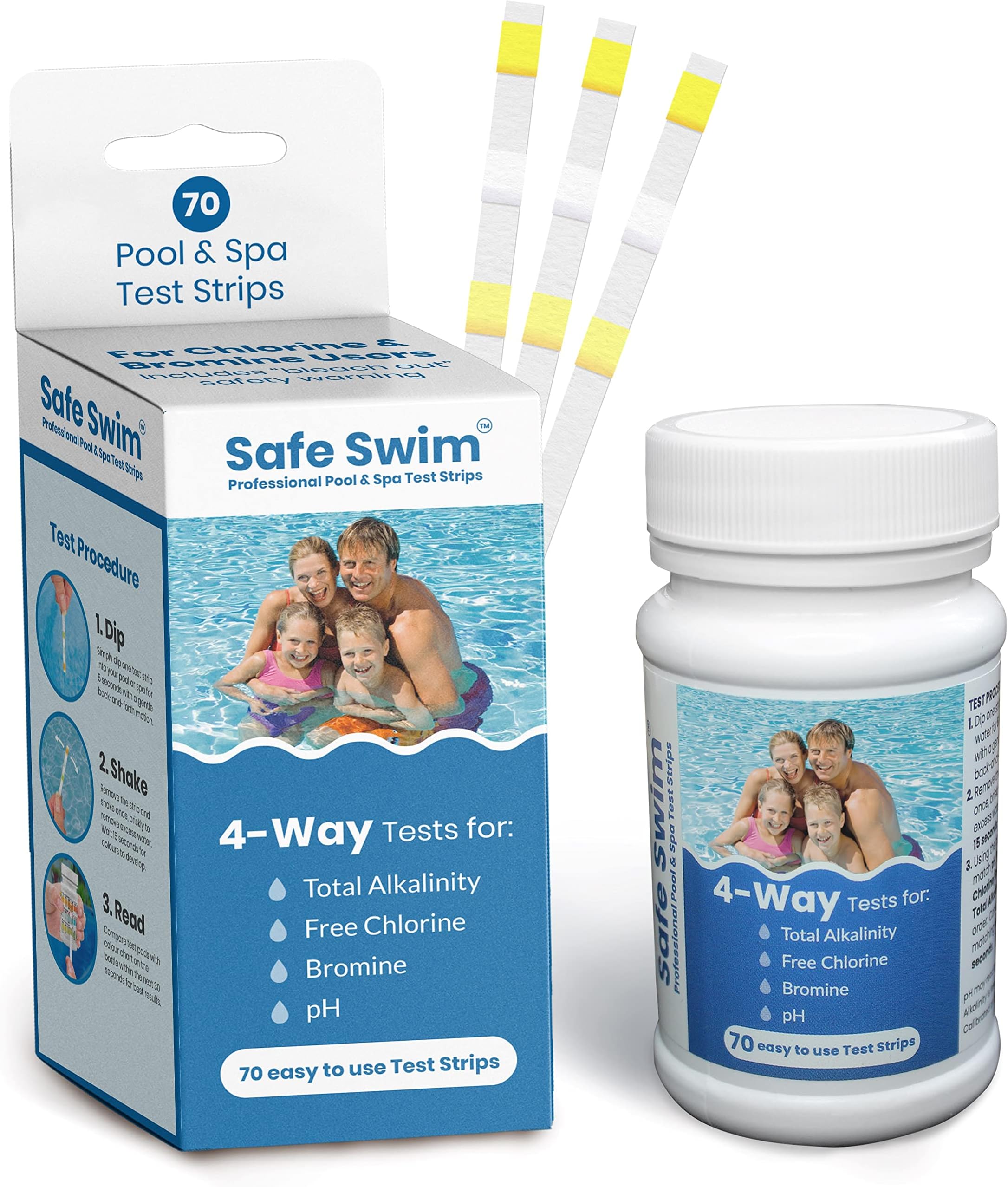 Safe Swim 4-Way - Hot Tub, Swimming Pool and Spa Test Strips - Bottle of 70 - Measures Chlorine, Bromine, PH and Total Alkalinity - Made in the USA.