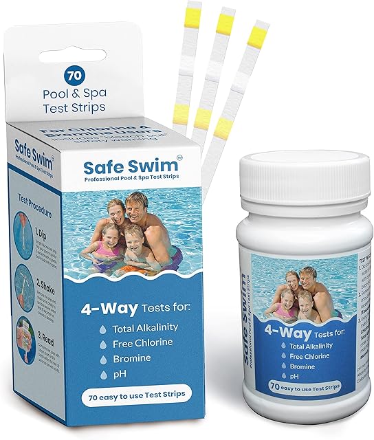 Safe Swim 4-Way - Hot Tub, Swimming Pool and Spa Test Strips - Bottle of 70 - Measures Chlorine, Bromine, PH and Total Alkalinity