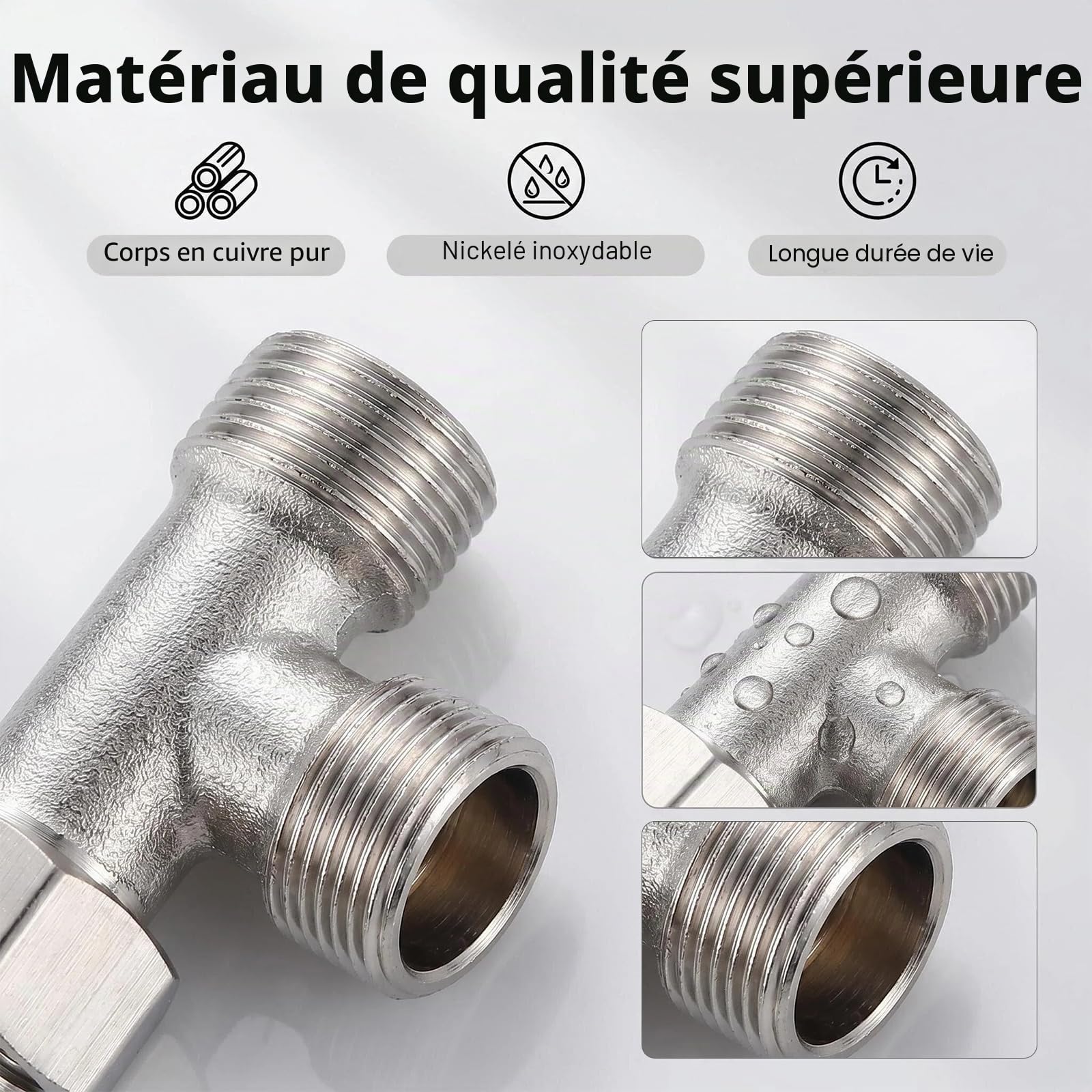 2PCS Valves Raccordement à 3 Voies en Cuivre WC 3/8", T-Raccord d’Eau avec Accessoires, Installation Facile Pour Réservoirs WC, Robinets de Douche, et Conduites d’Eau