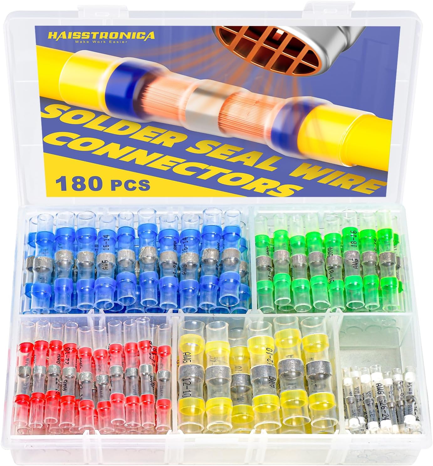 180PCS Solder Seal Wire Connectors-haisstronica Heat Shrink Solder Wire Connectors-Waterproof Butt Connectors - Insulated Electrical Connectors Butt Splice(5Colors/5Size)
