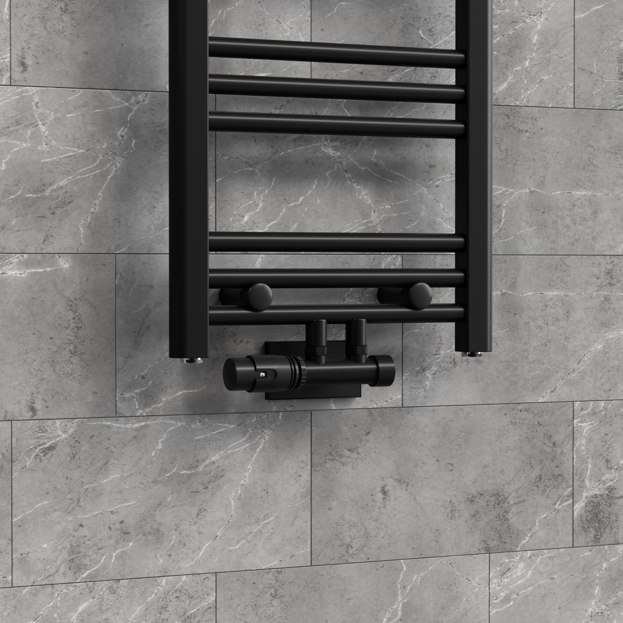 LuxeBath Ventil-Armaturen Set Multiblock Schwarz Eckform Rohre aus Wand mit Thermostatkopf für Badheizkörper Mittelanschluss Anschlussgarnitur Anschlussarmatur Hahnblock Heizkörperventil Eckausführung