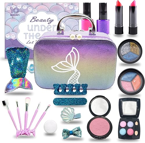 Juego de maquillaje para niñas – Kit de maquillaje de sirena lavable no tóxico, juguetes de sirenita para niñas de 5-7, 8-12, juego de tocador de