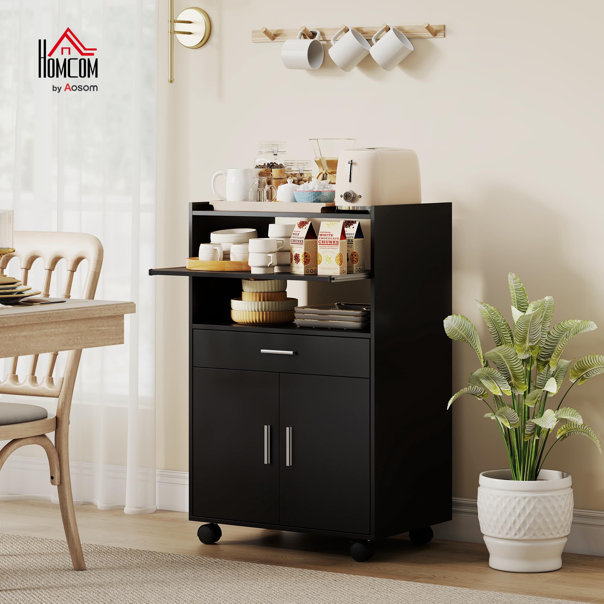 HOMCOM Chariot de Cuisine sur roulettes, 59 x 40 x 92 cm Noir | Desserte Micro-Onde avec Plan de Travail, Étagères Ouvertes, Tiroir, Placard, Meuble de Rangement pour Micro-Ondes