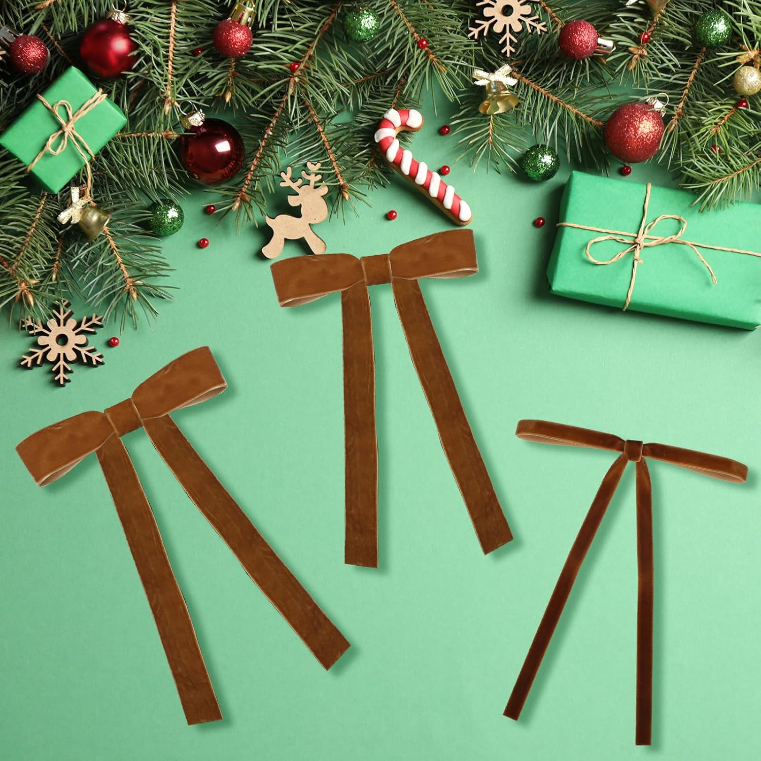 24 Pcs Velvet Christmas Bows, Christmas Wreath Bow Bulk Ribbon Velvet Wreath Bows Christmas Handmade Tree Topper Ornament for Gift Wrapping Xmas Outdoor Indoor Wedding Decoration(B-Khaki) - Image 3